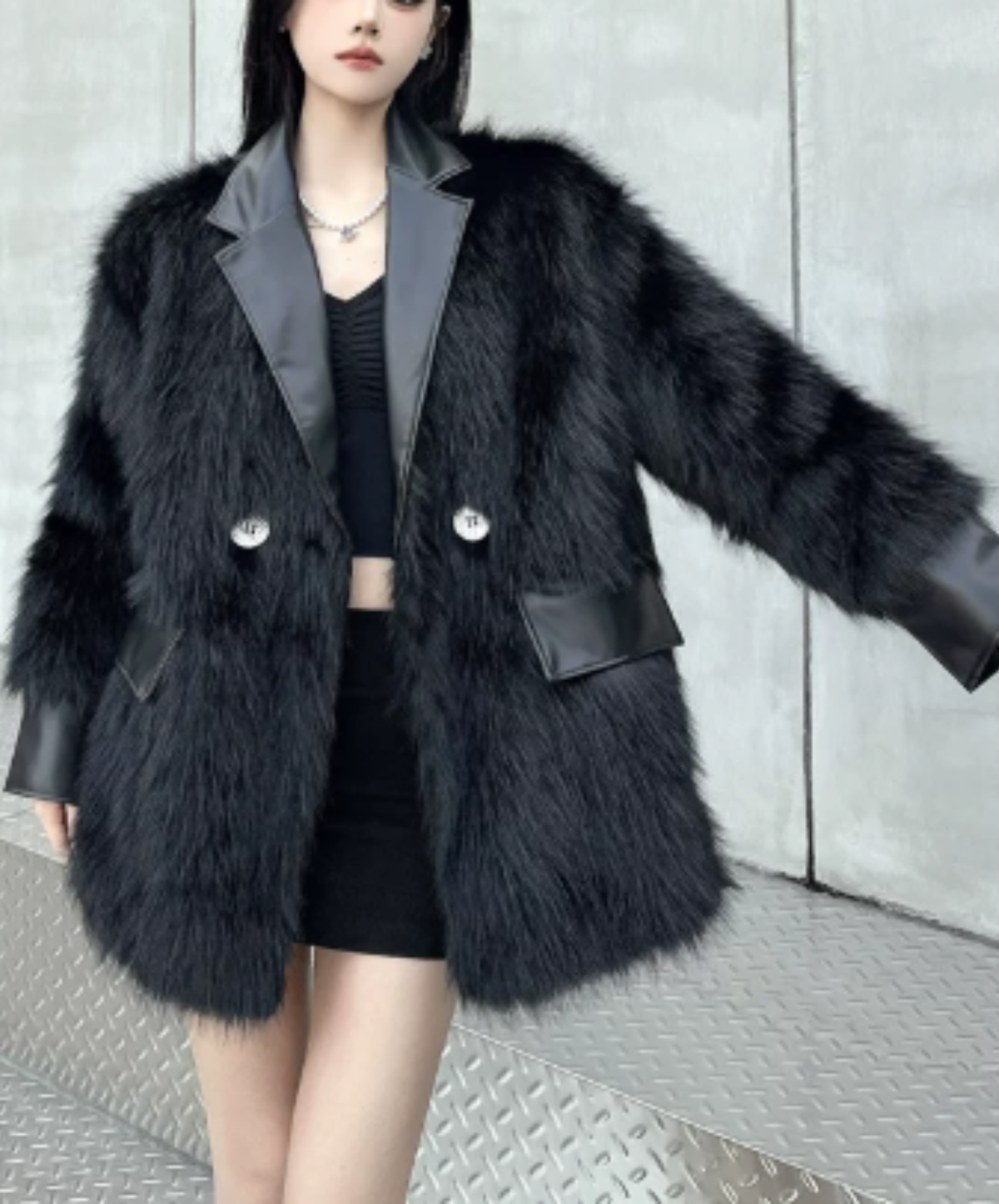 dark shaggy lapel mixed-material paneling jacket EN3188