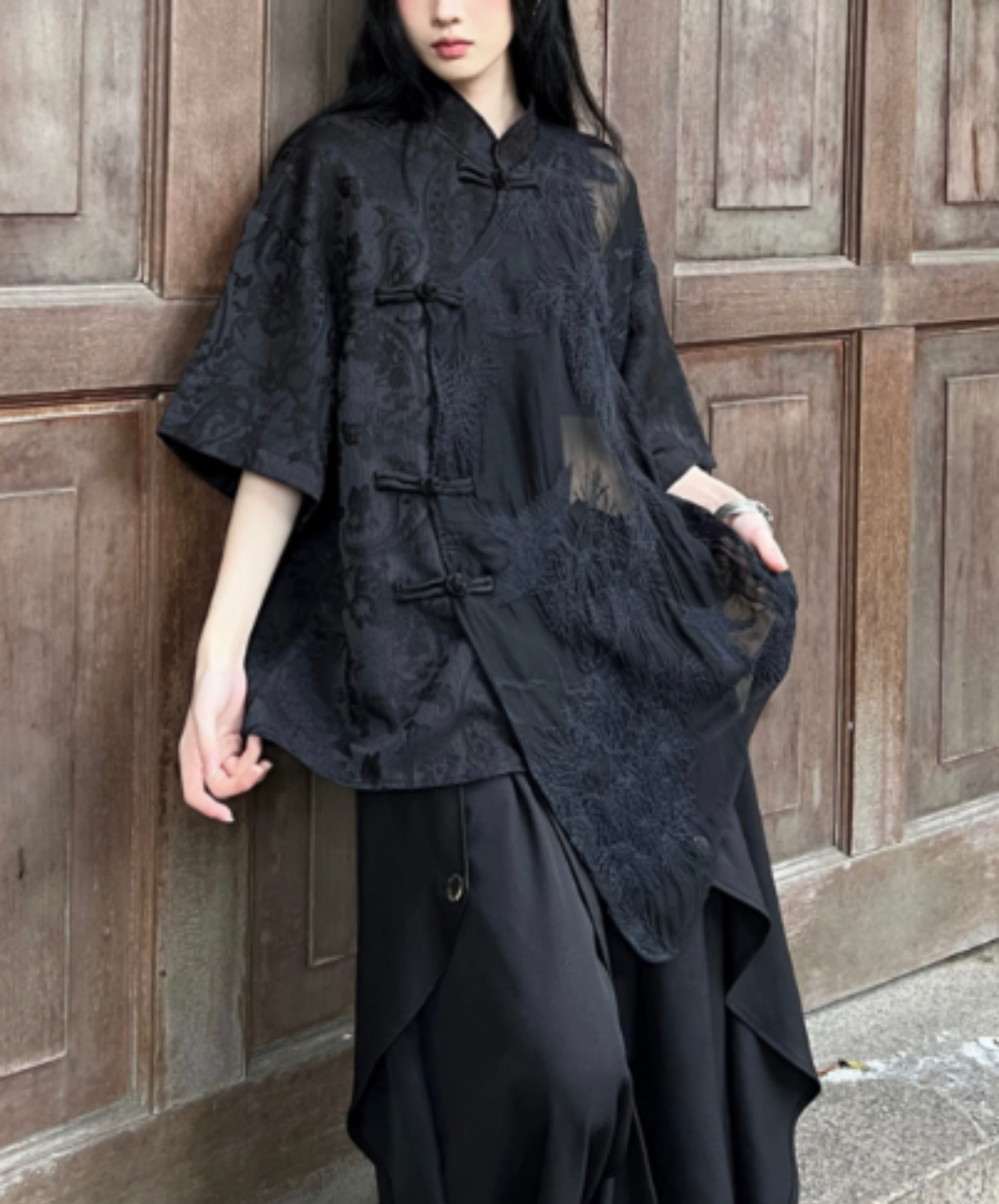 chinese-style embroidered jacquard sheer shirt EN3024