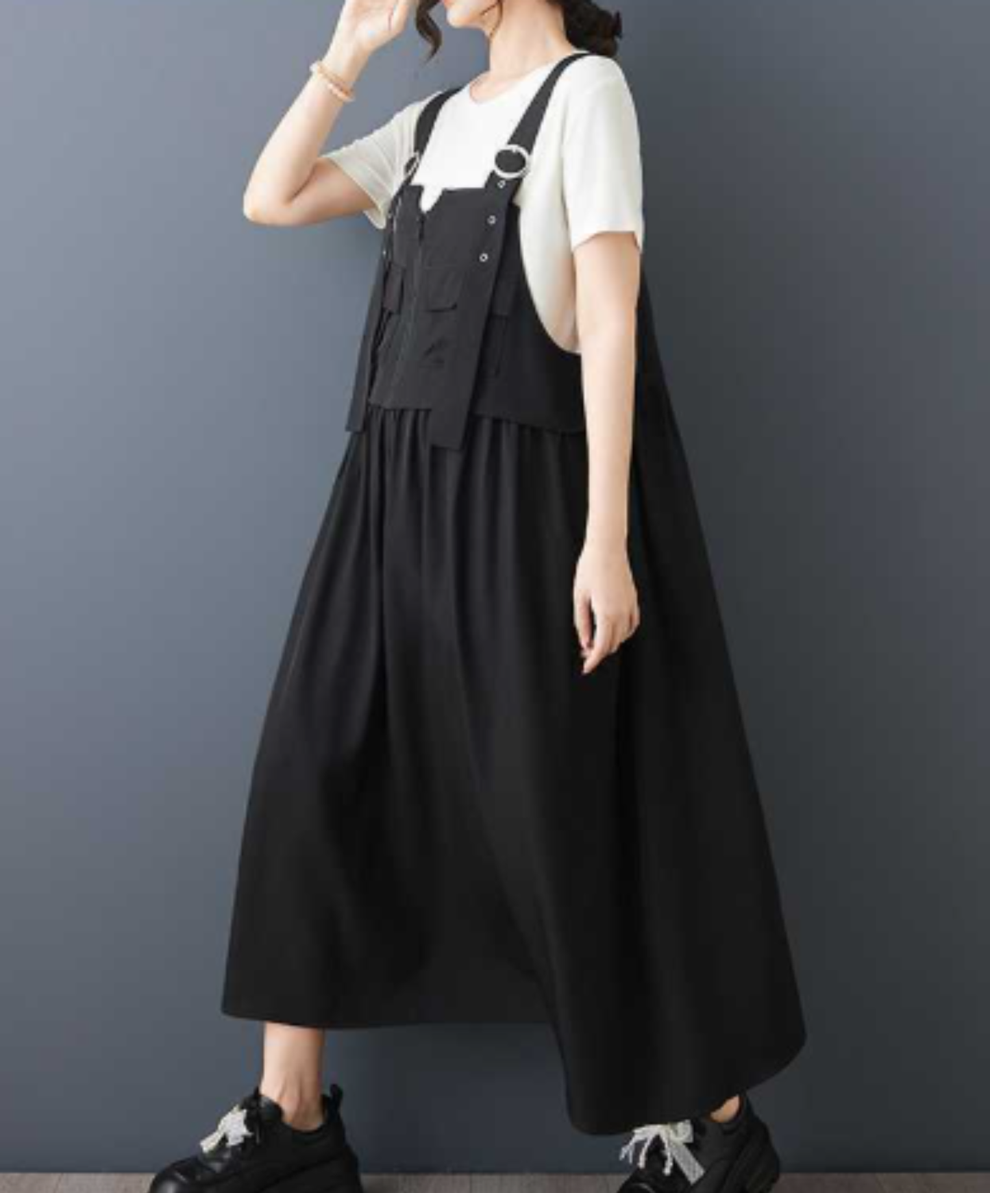 dark a-line suspender dress overalls EN3049