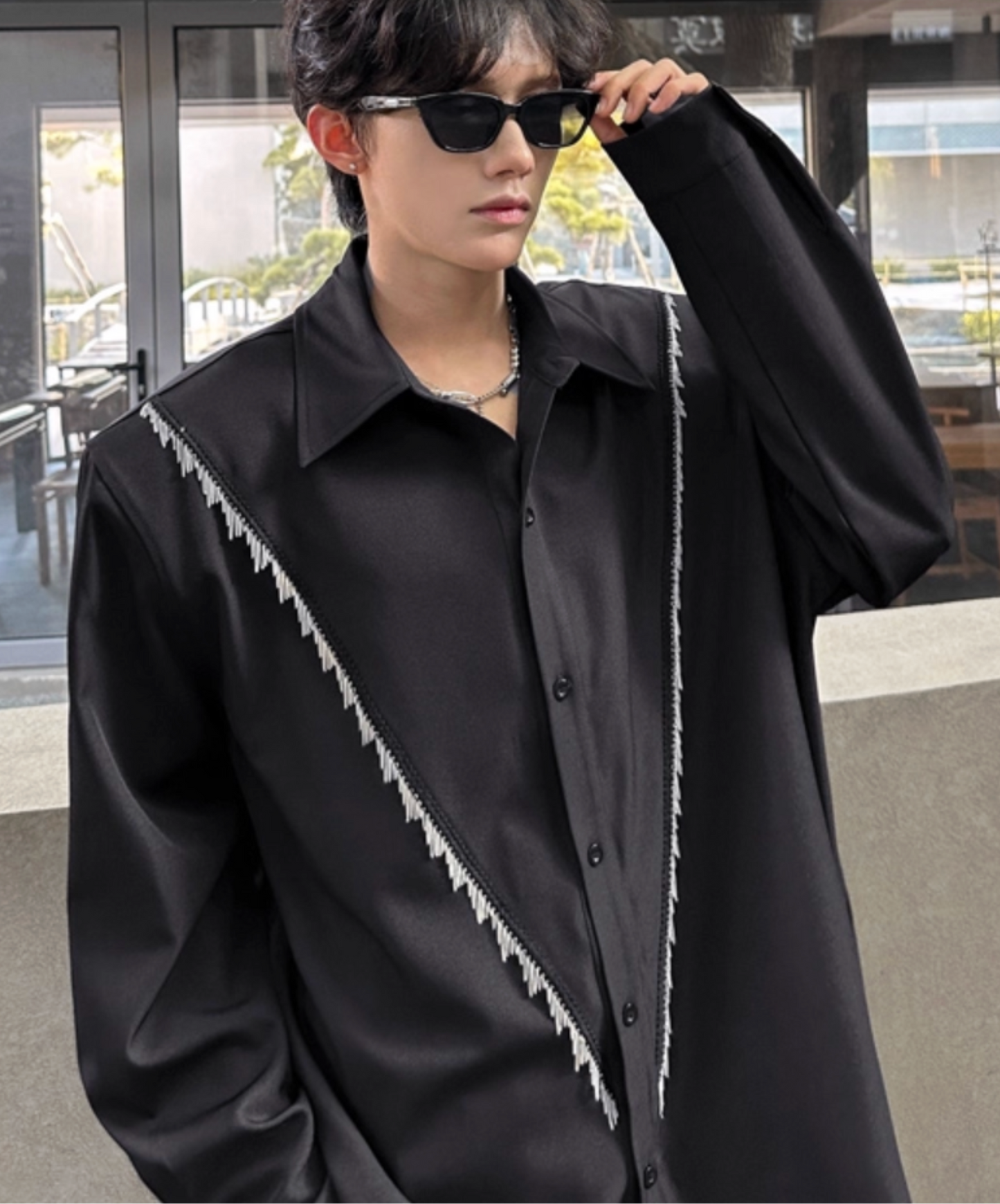 v-line fringe decoration shirt EN2435