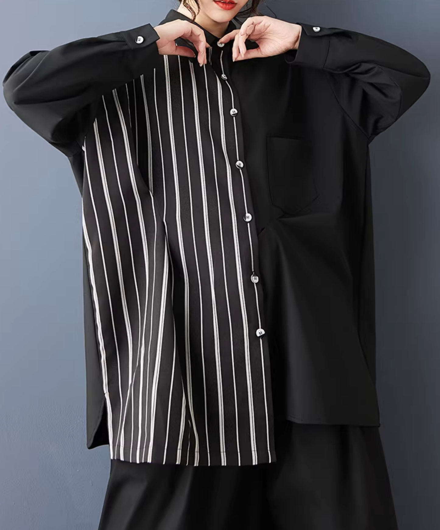 dark striped patchwork mid-length shirt EN2797