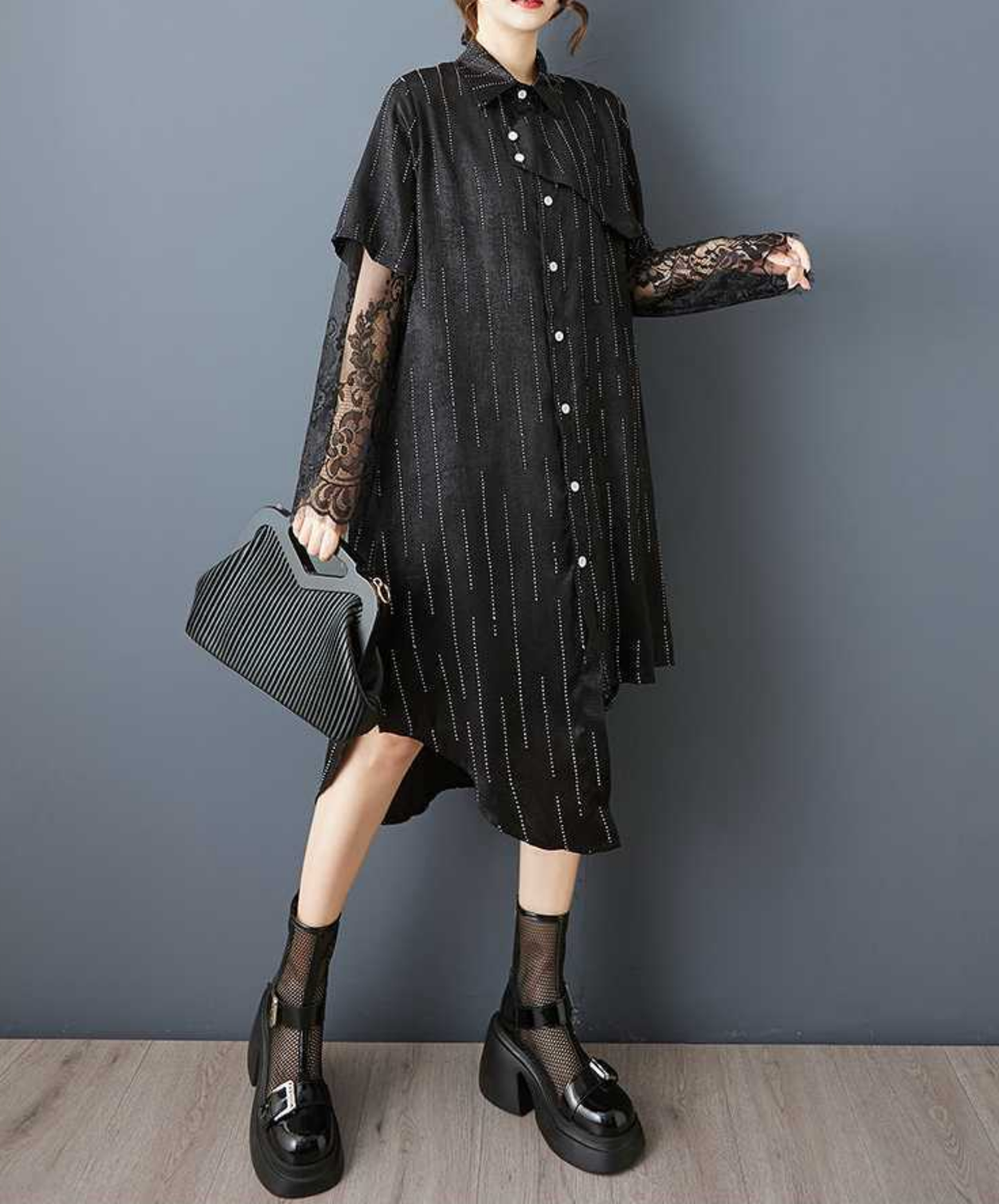 diamond stripe stitch lace long shirt EN2837