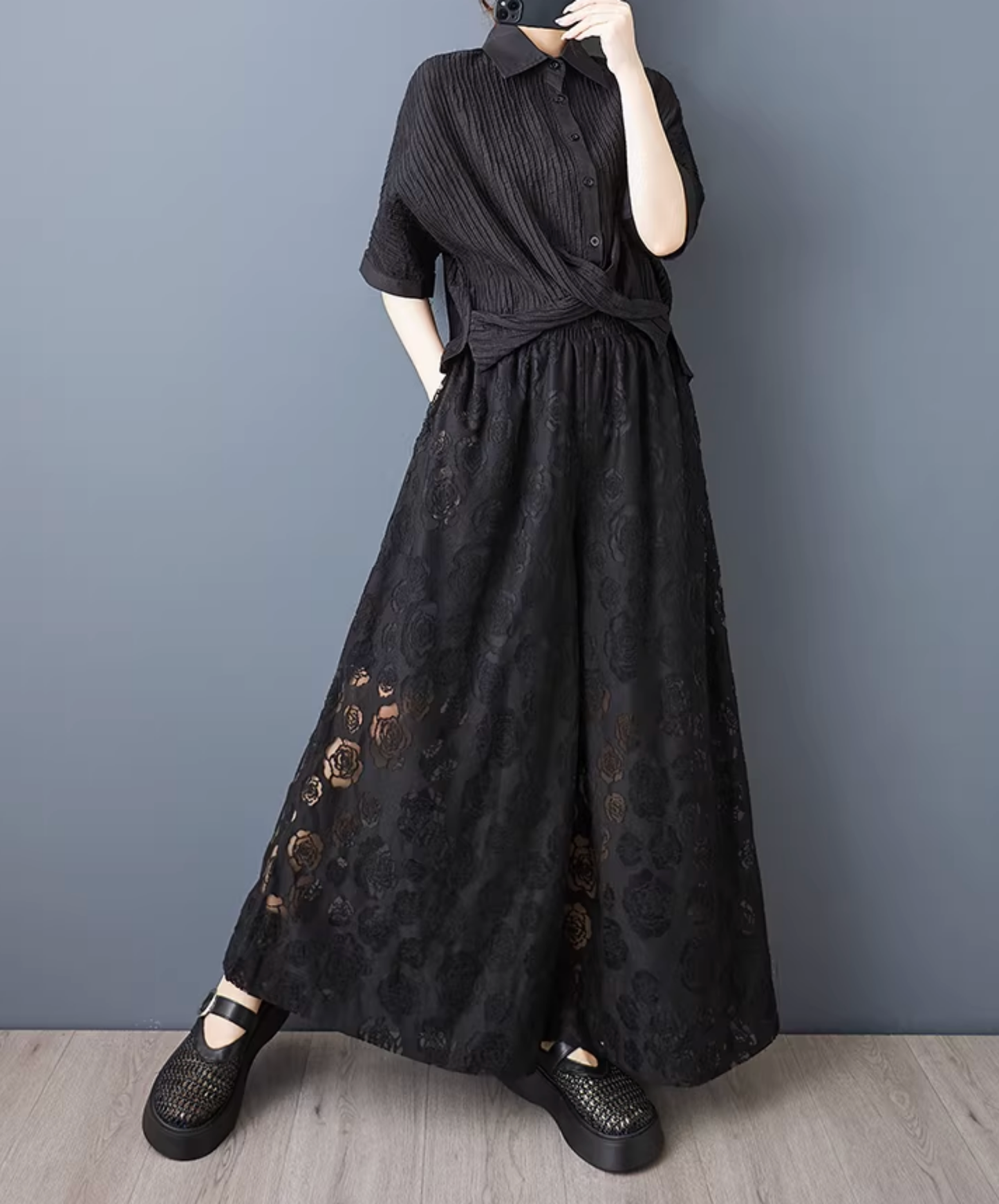 dark rose motif lace design wide pants EN2798