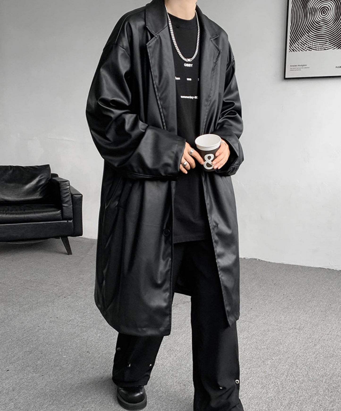 dark retro long pu leather coat EN2510