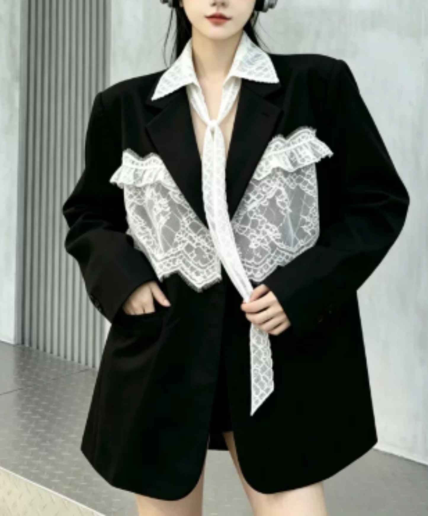 panelled design with a lace bow tie jacket EN3166