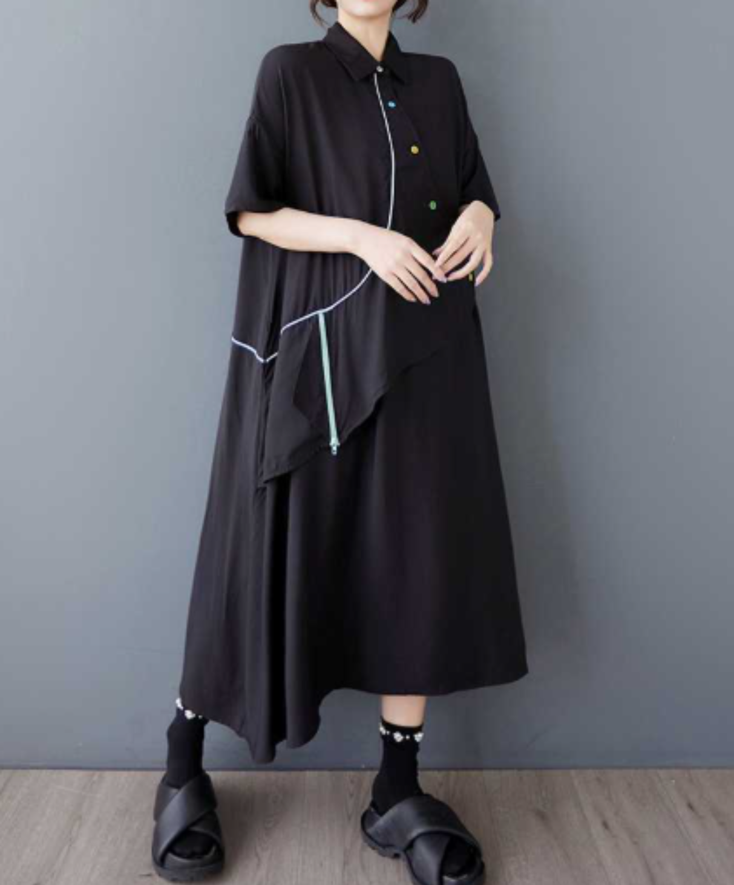 dark fake two-piece asymmetrical design long shirt EN3060
