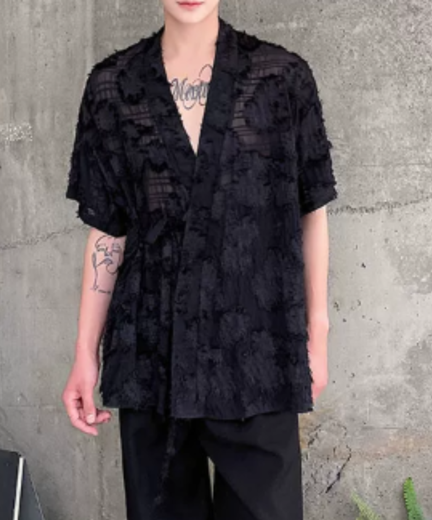 jacquard v-neck sheer shirt EN3020