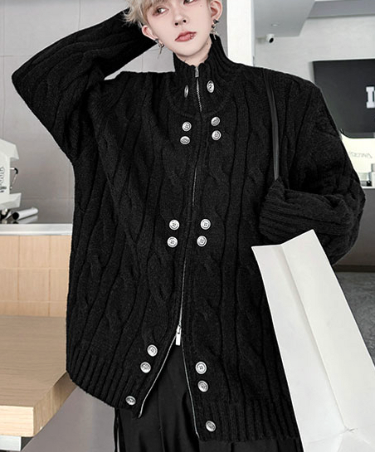 button design stand collar loose sweater EN2475