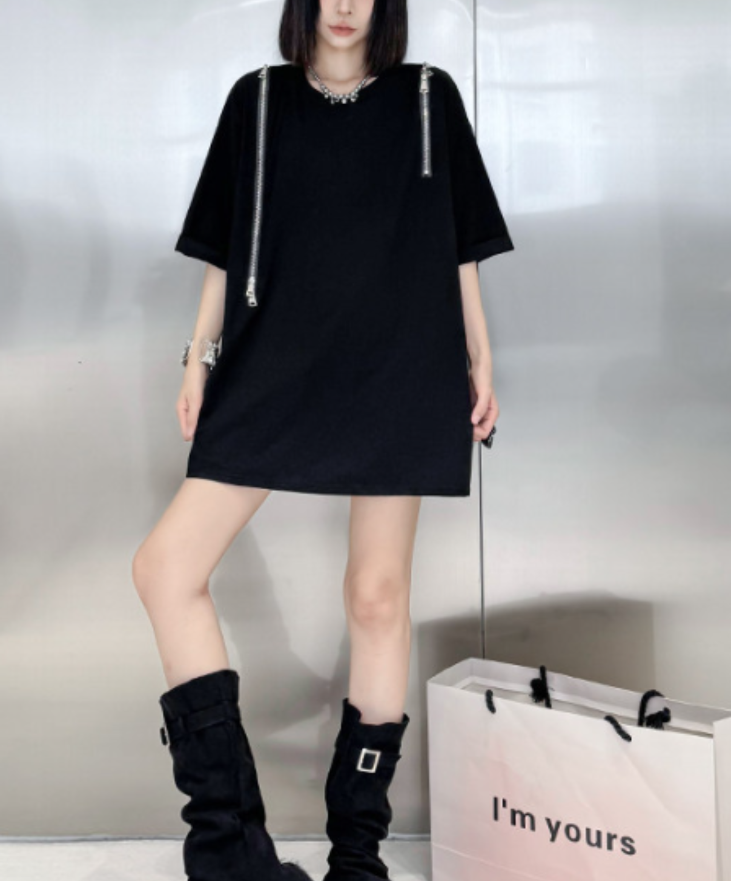 dark off-shoulder zipper t-shirt EN2908