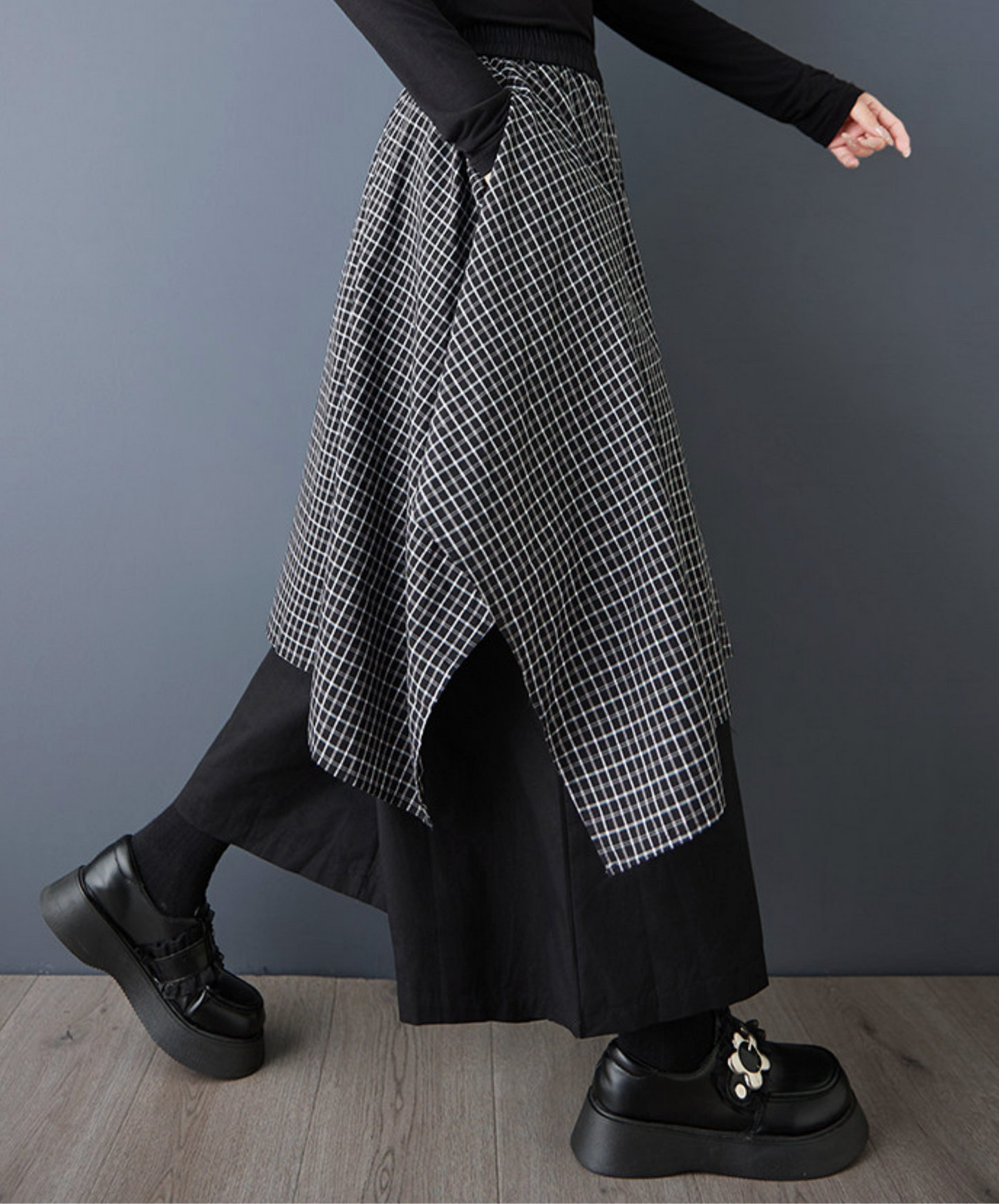 dark fake two-piece checkered flare wide pants EN2767