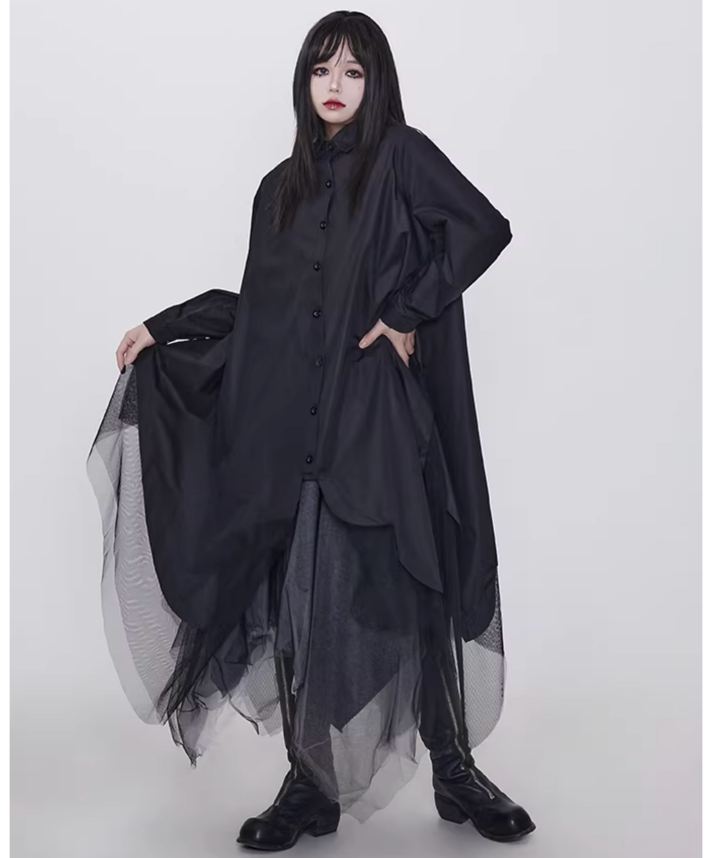 dark faux leather irregular patchwork long shirt EN2831
