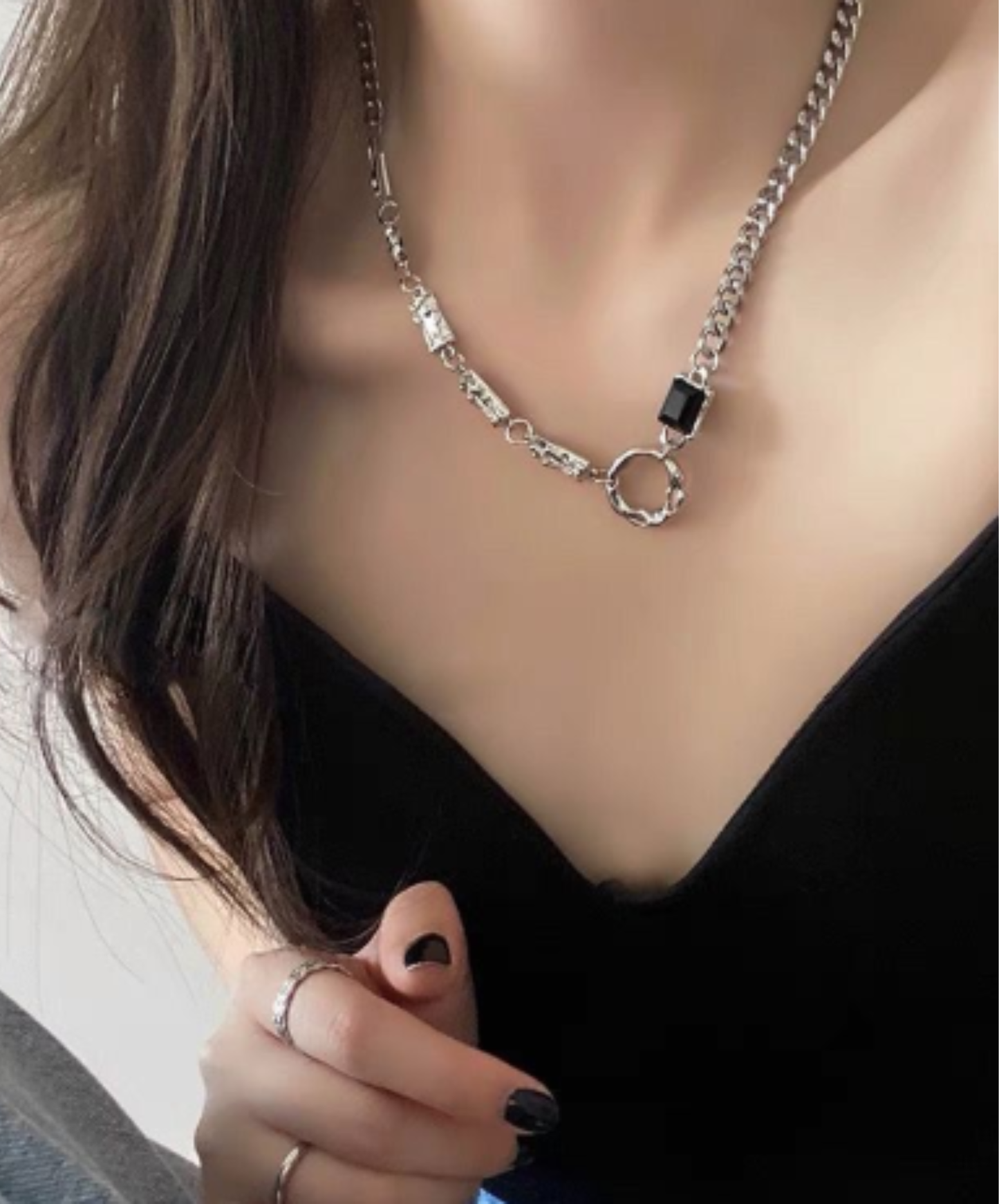 black crystal and titanium chain necklace EN3035