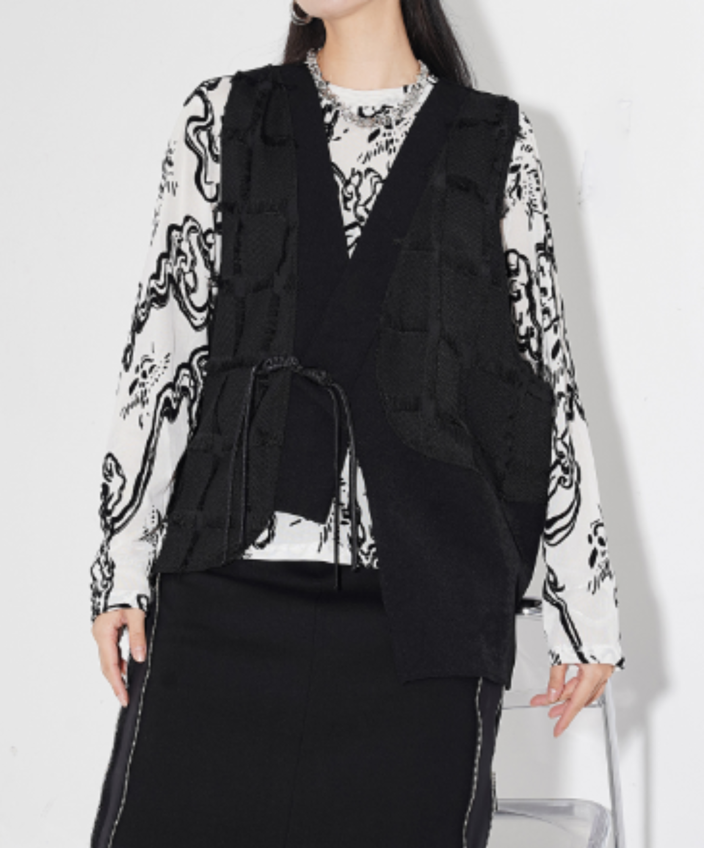 dark asymmetric design with fringe buttons vest  EN3009