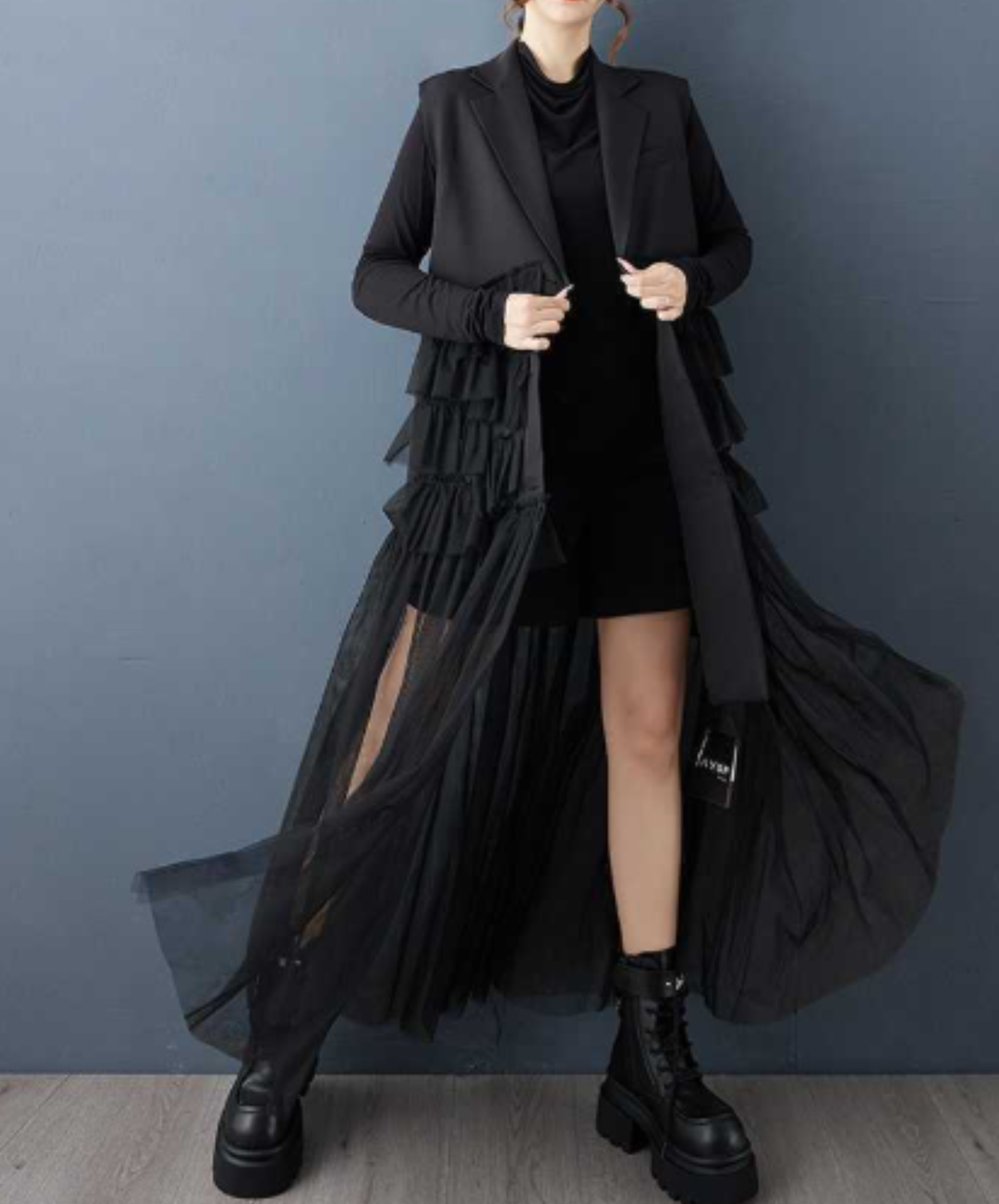 dark long mesh patchwork piece vest  EN3039