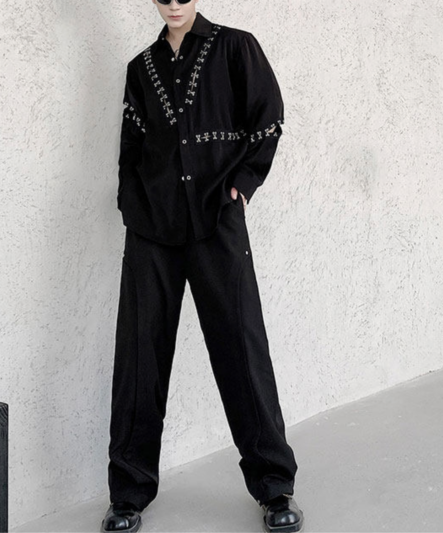 dark metal parts patchwork design shirt EN2782