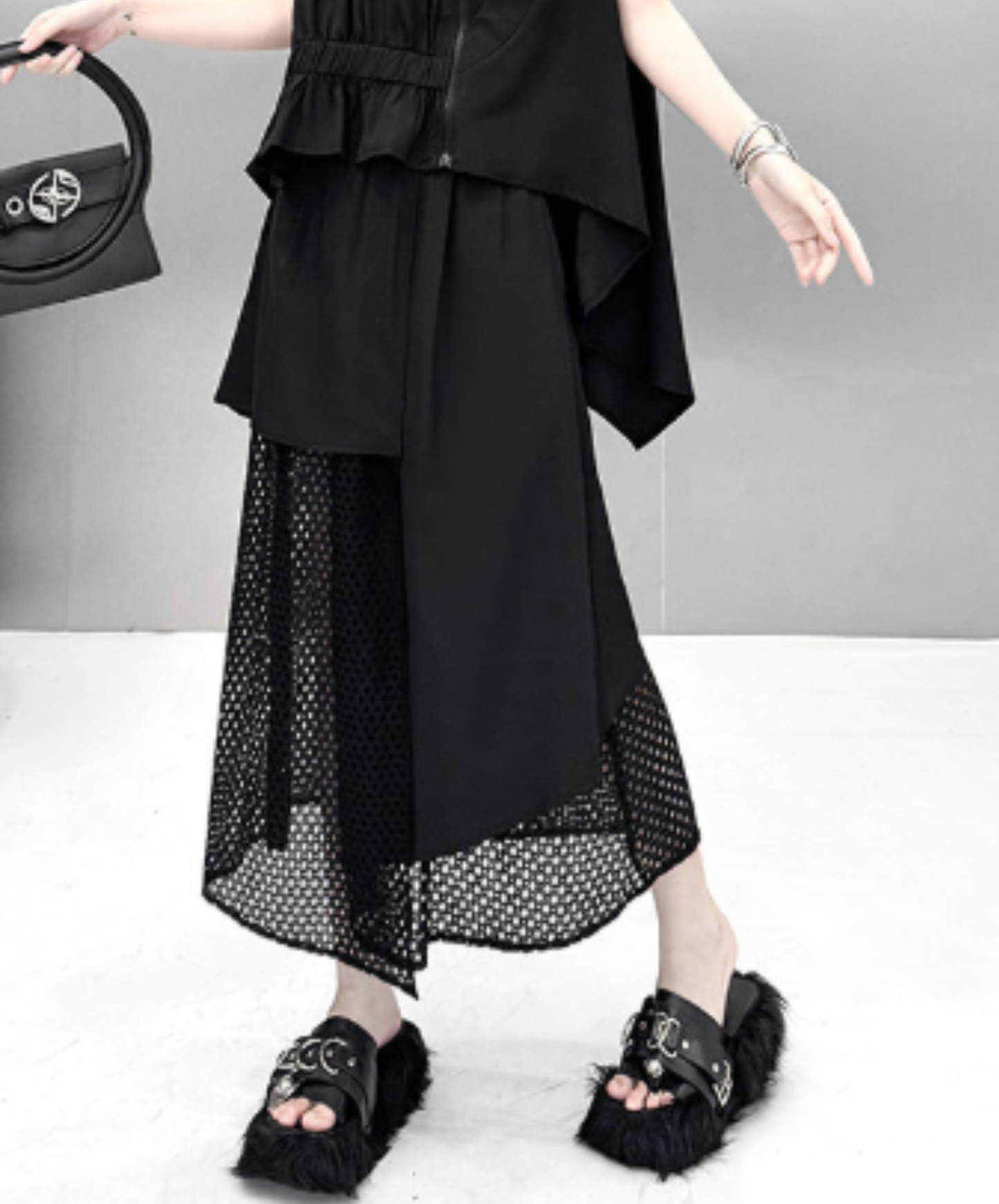dark irregular design mesh long skirt EN2947
