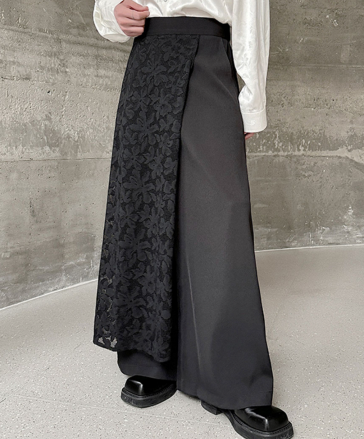 dark asymmetric embroidery design wide pants EN1766