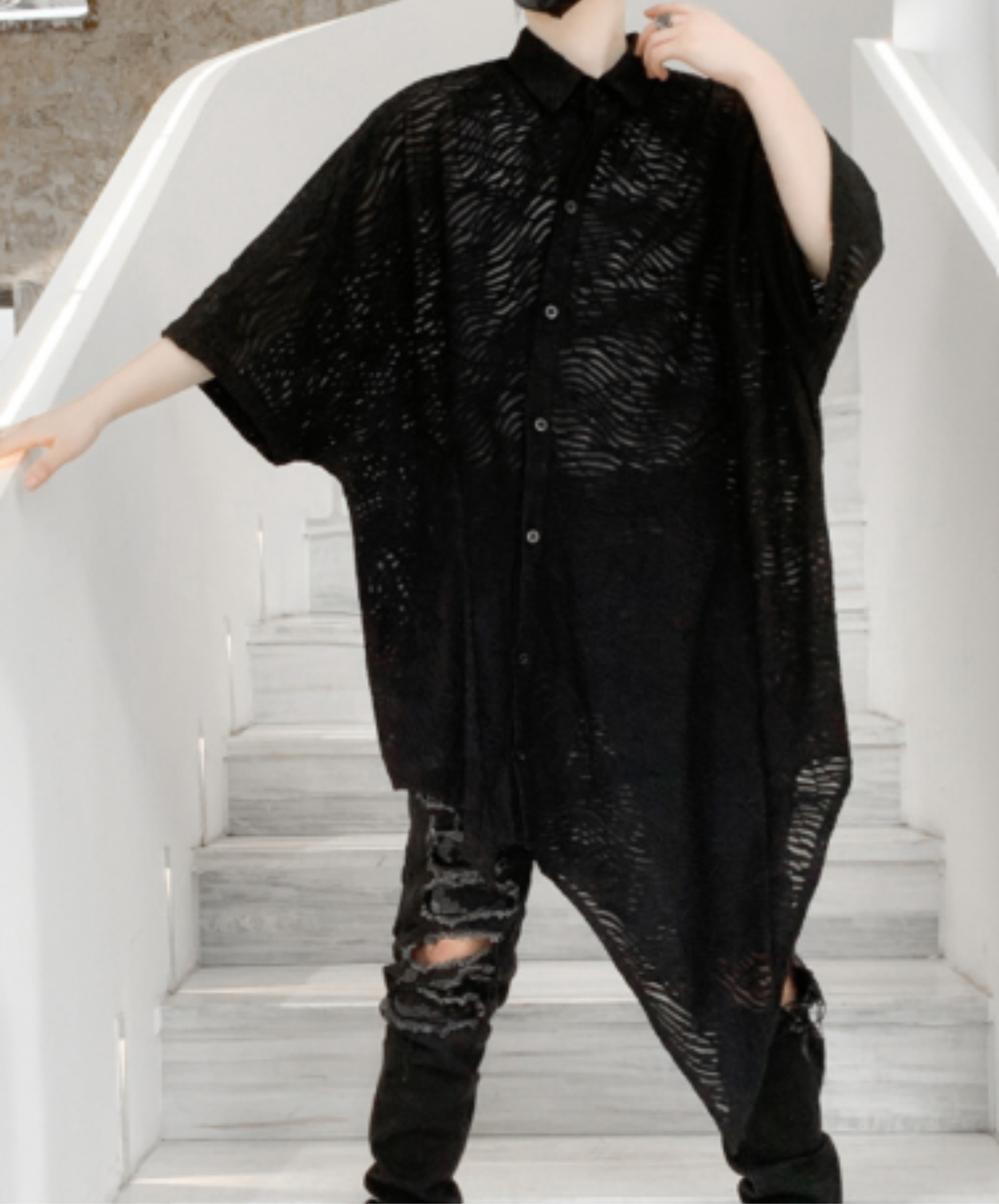 bat-shaped openwork pattern shirt EN3008