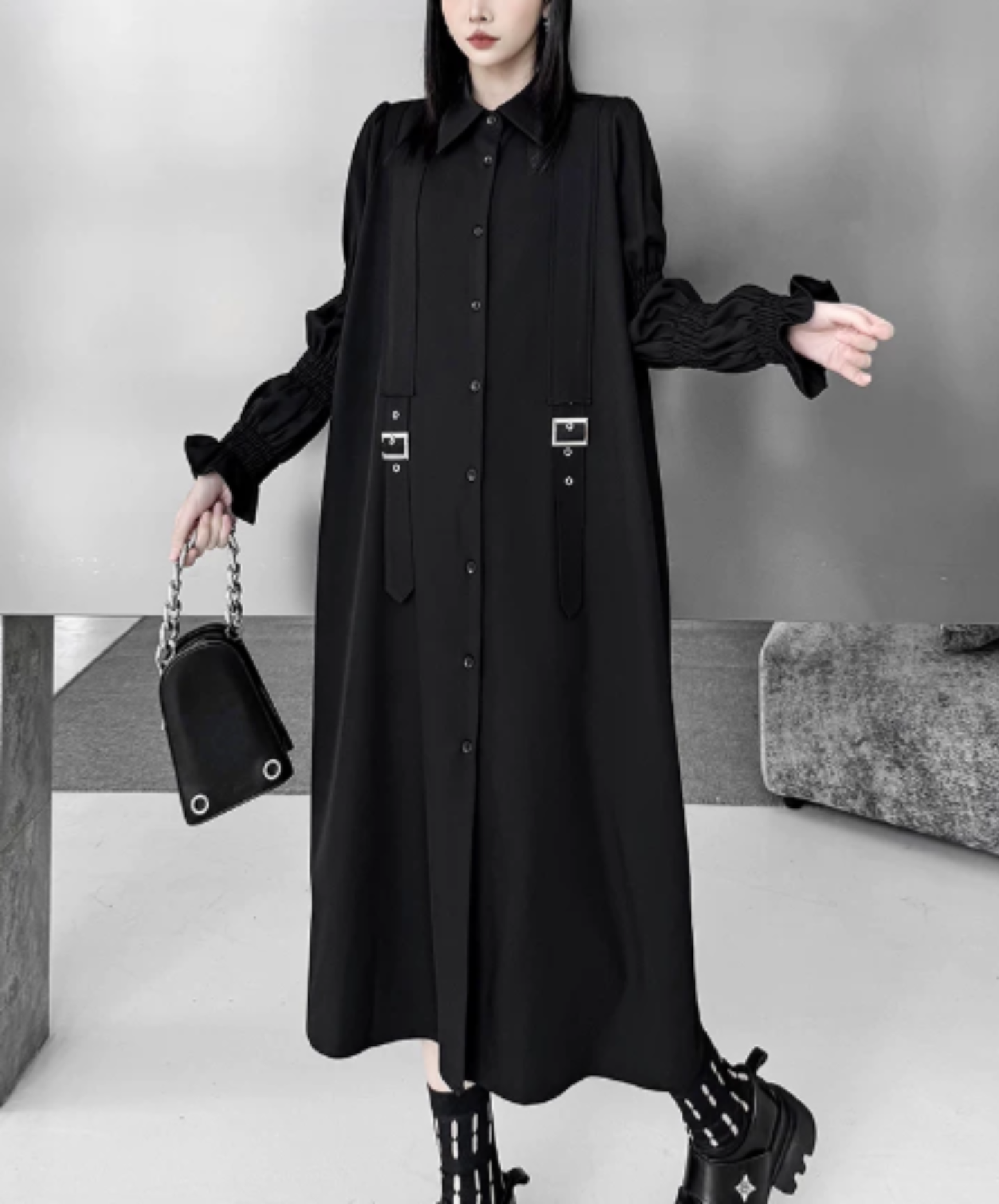 dark double-belt detail long shirt EN3015