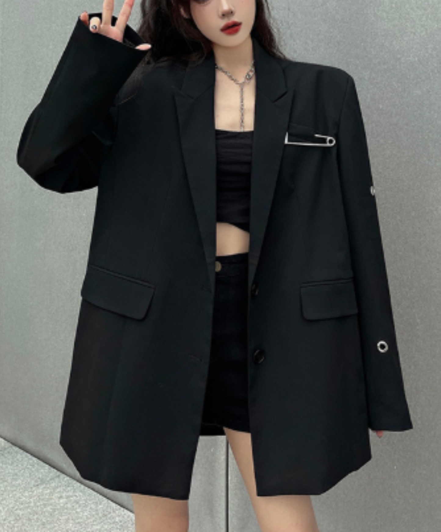 oversized safety pin and eyelet accents jacket EN3164