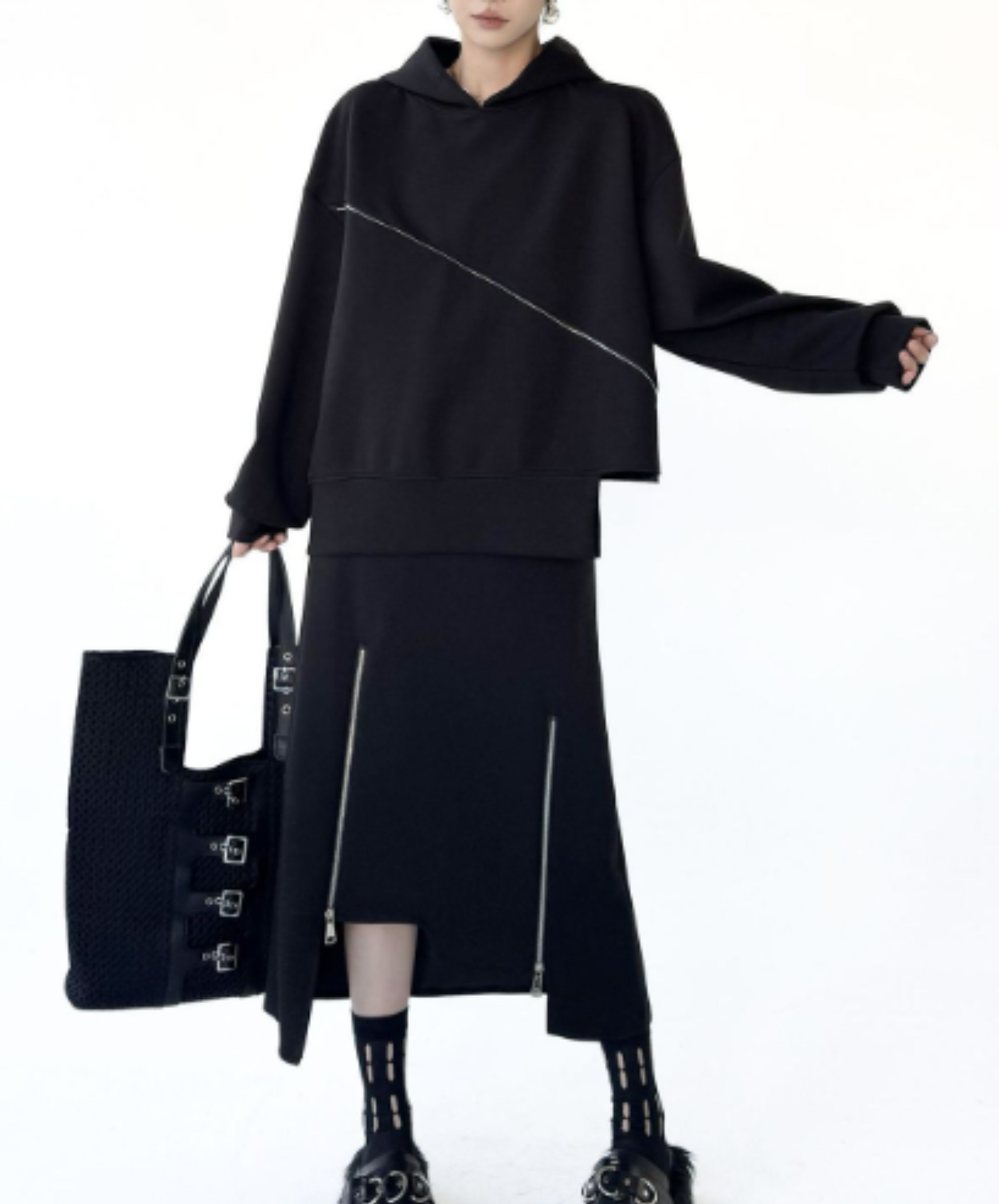 diagonal design asymmetrical hem hoodie EN3129