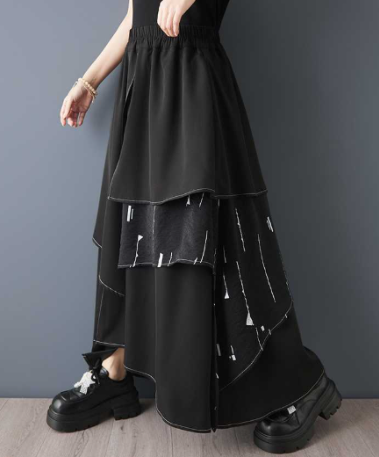 dark printed patchwork irregular a-line skirt EN3073