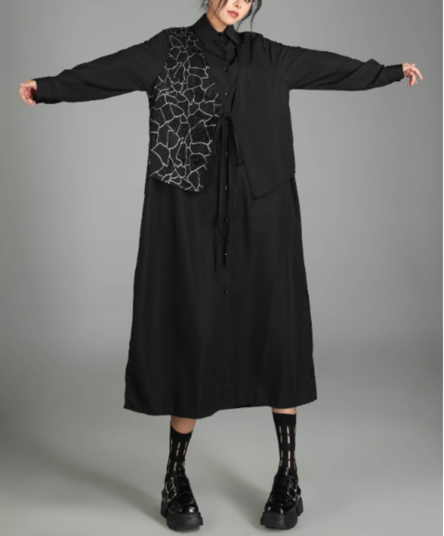 dark patchwork two-piece style long shirt EN3016