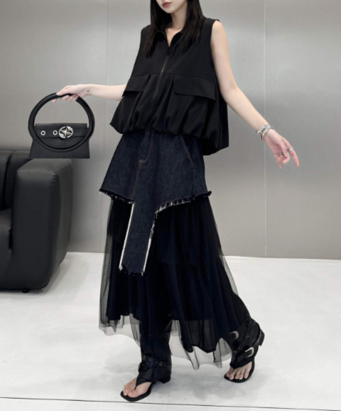 asymmetrical denim patchwork mesh design skirt EN3066