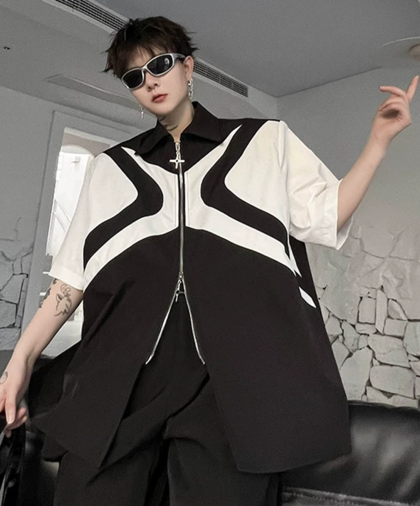 dark double zipper x design shirt EN2865