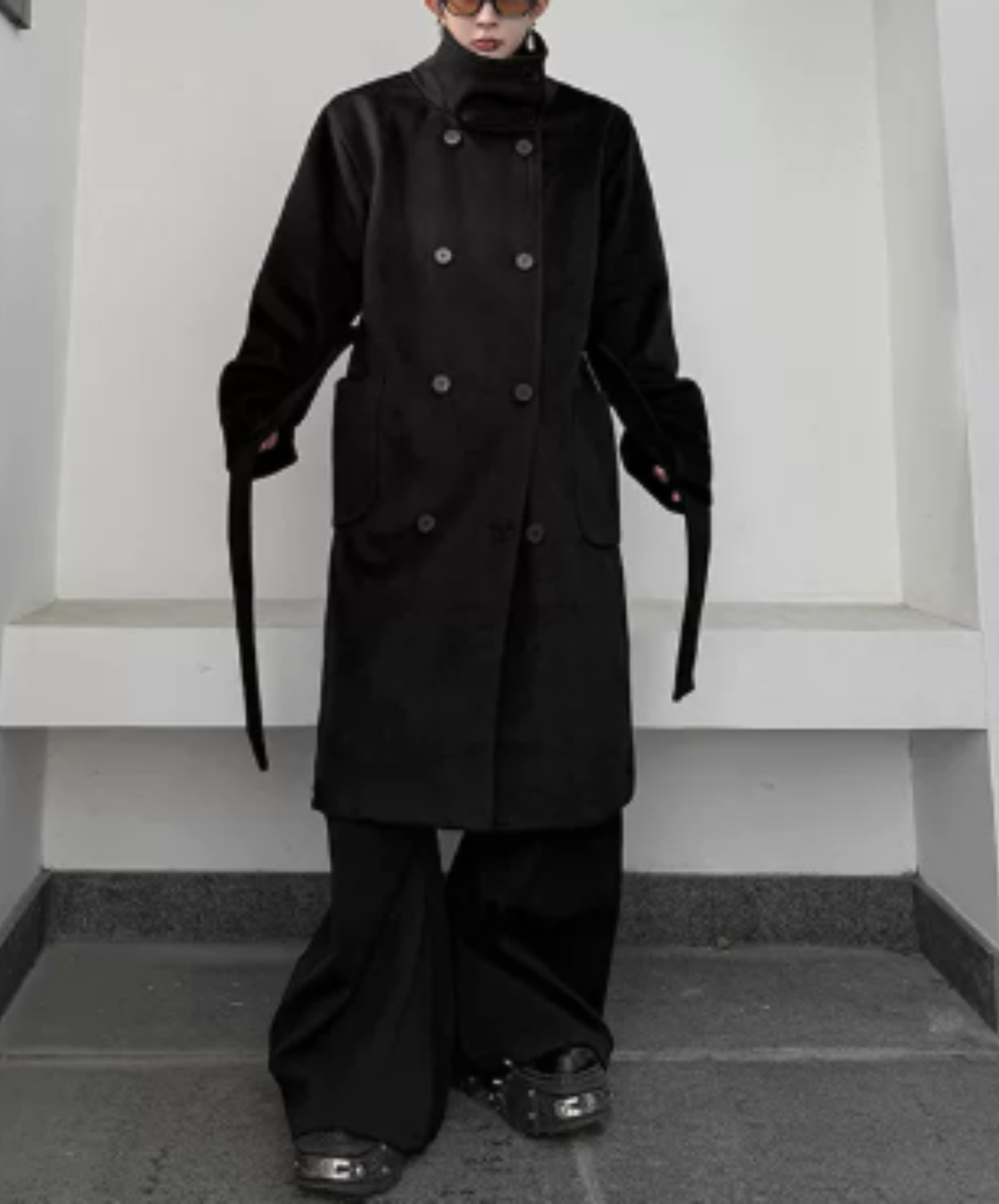 high-neck double-breasted long coat EN3230