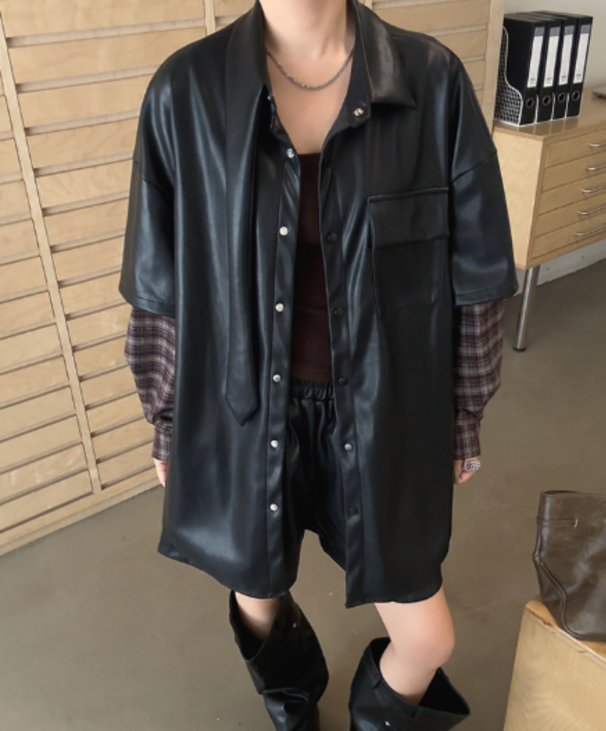 layered-look plaid long-sleeve top jacket EN3221
