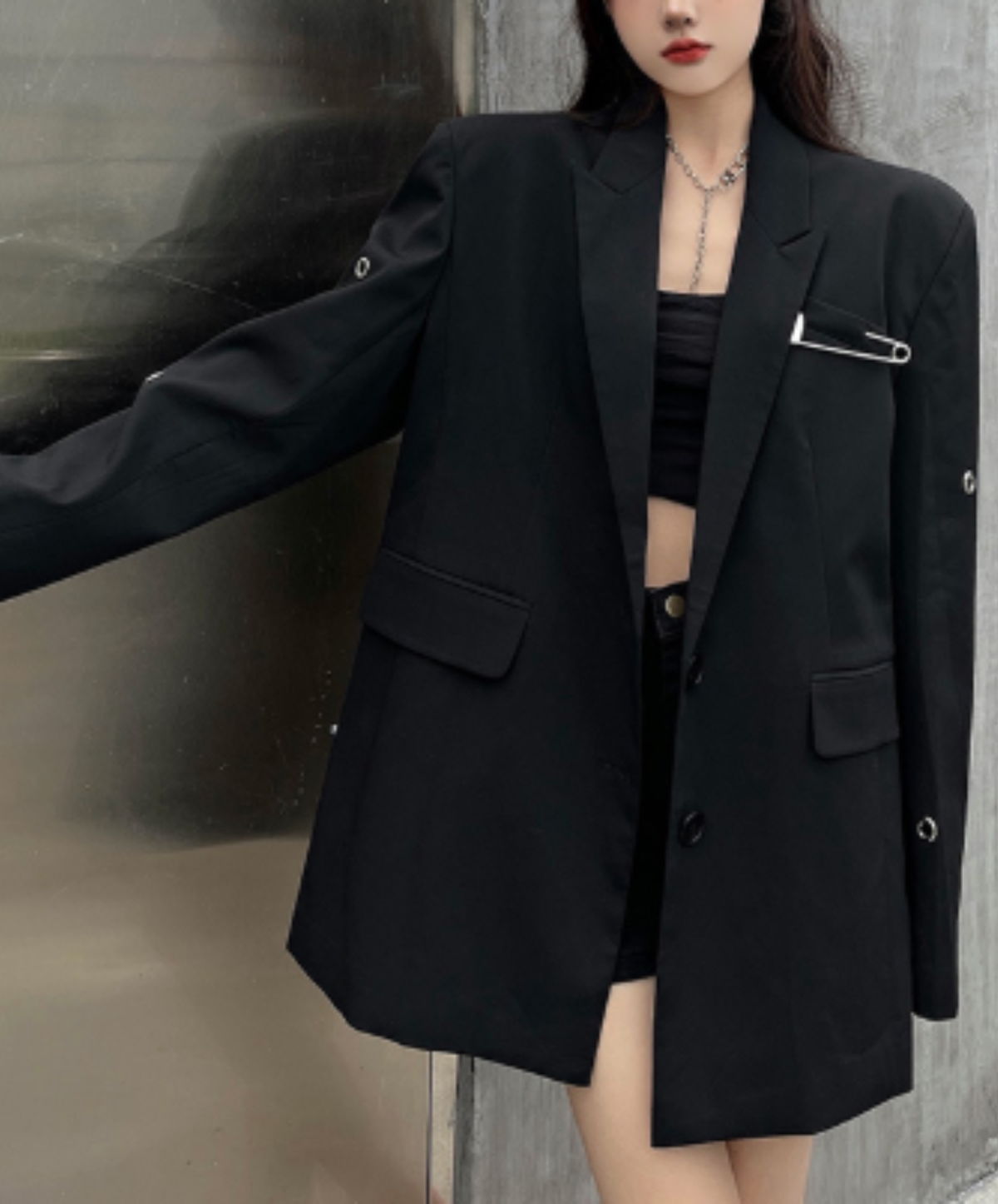 oversized safety pin and eyelet accents jacket EN3164