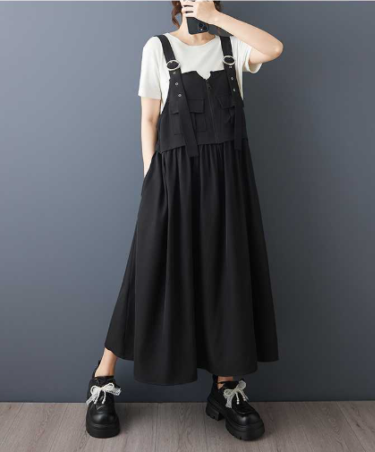 dark a-line suspender dress overalls EN3049