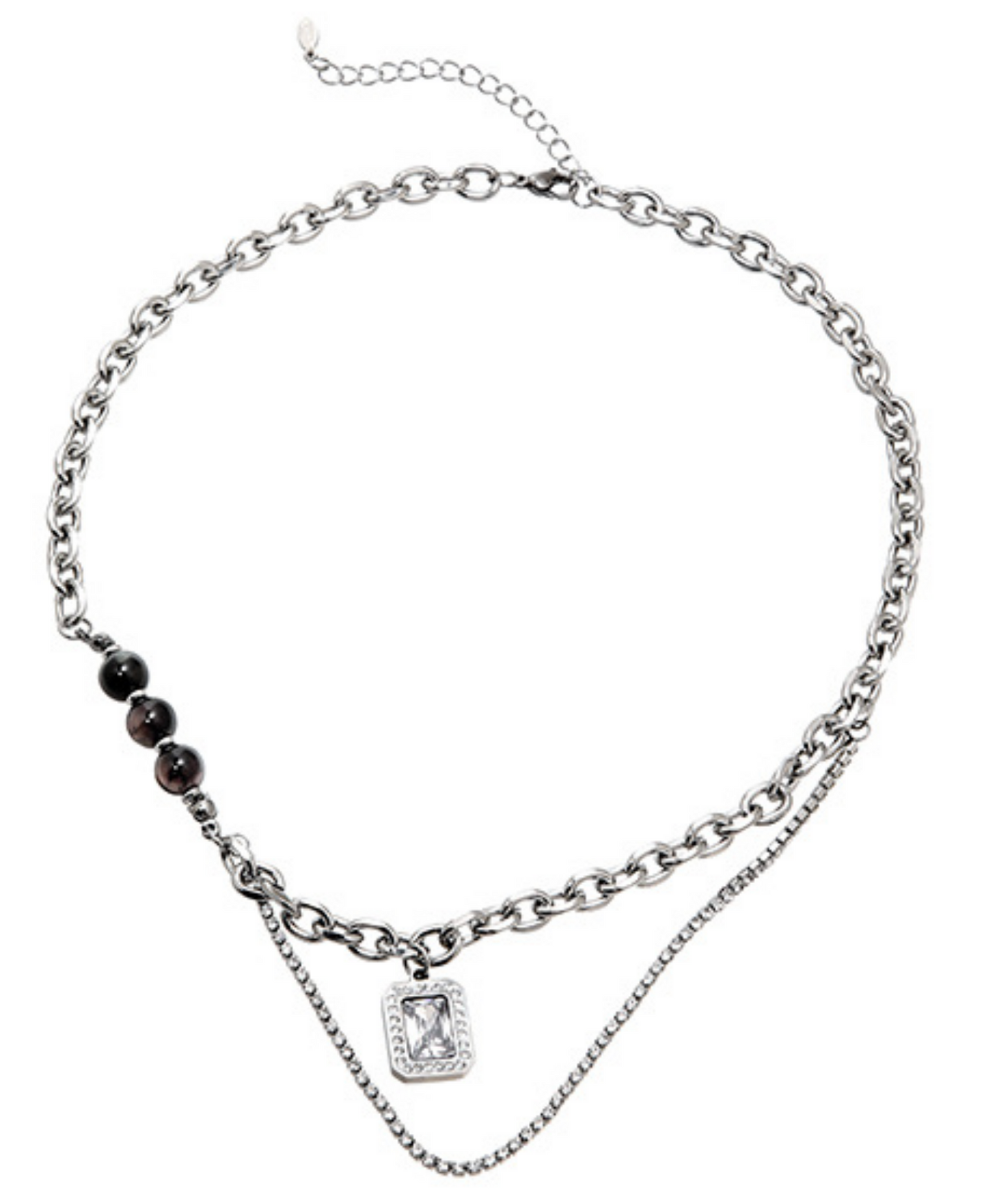 square clear stone x black round beads necklace EN2740