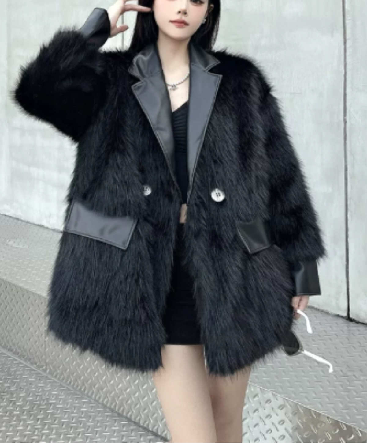 dark shaggy lapel mixed-material paneling jacket EN3188