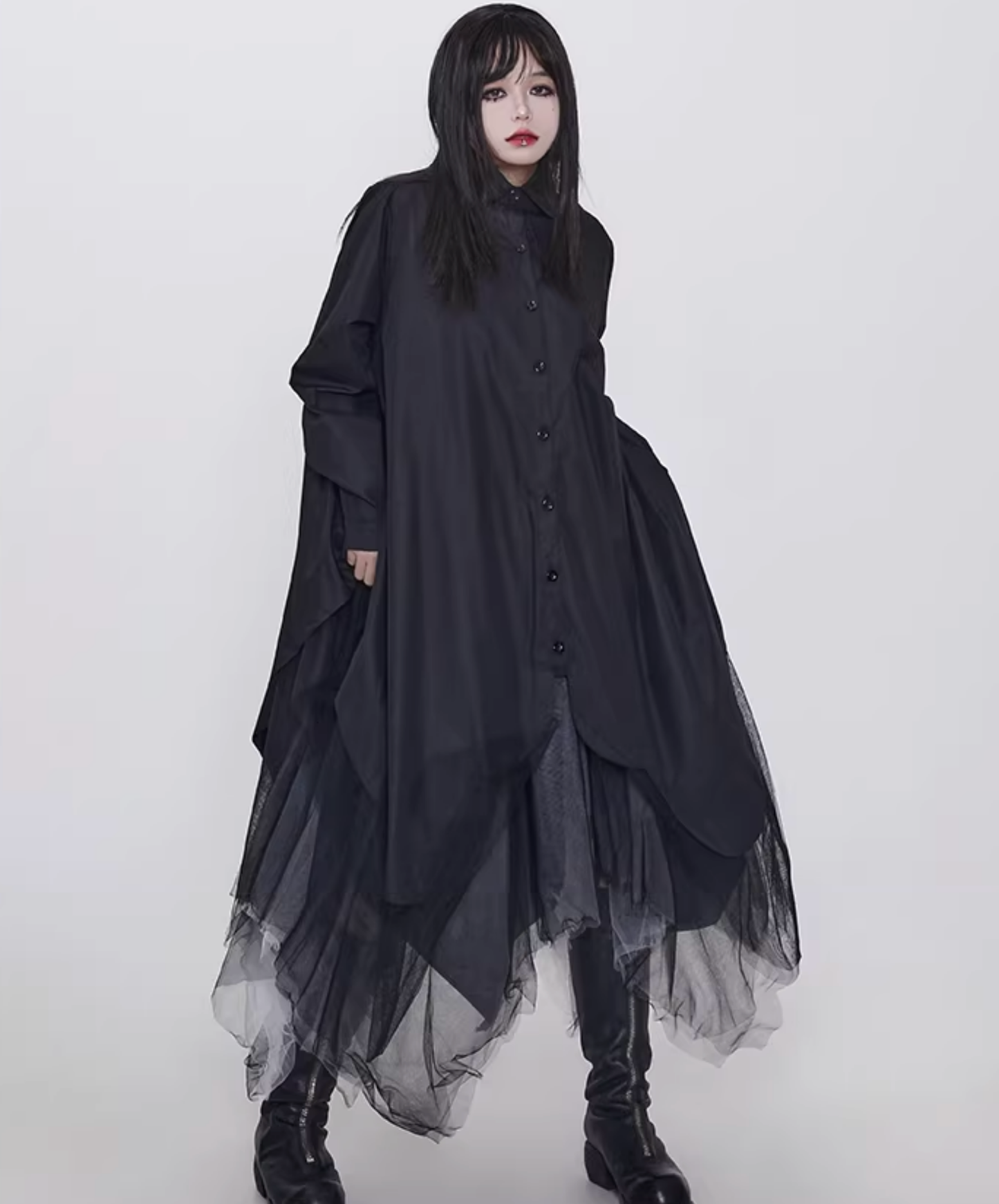 dark faux leather irregular patchwork long shirt EN2831