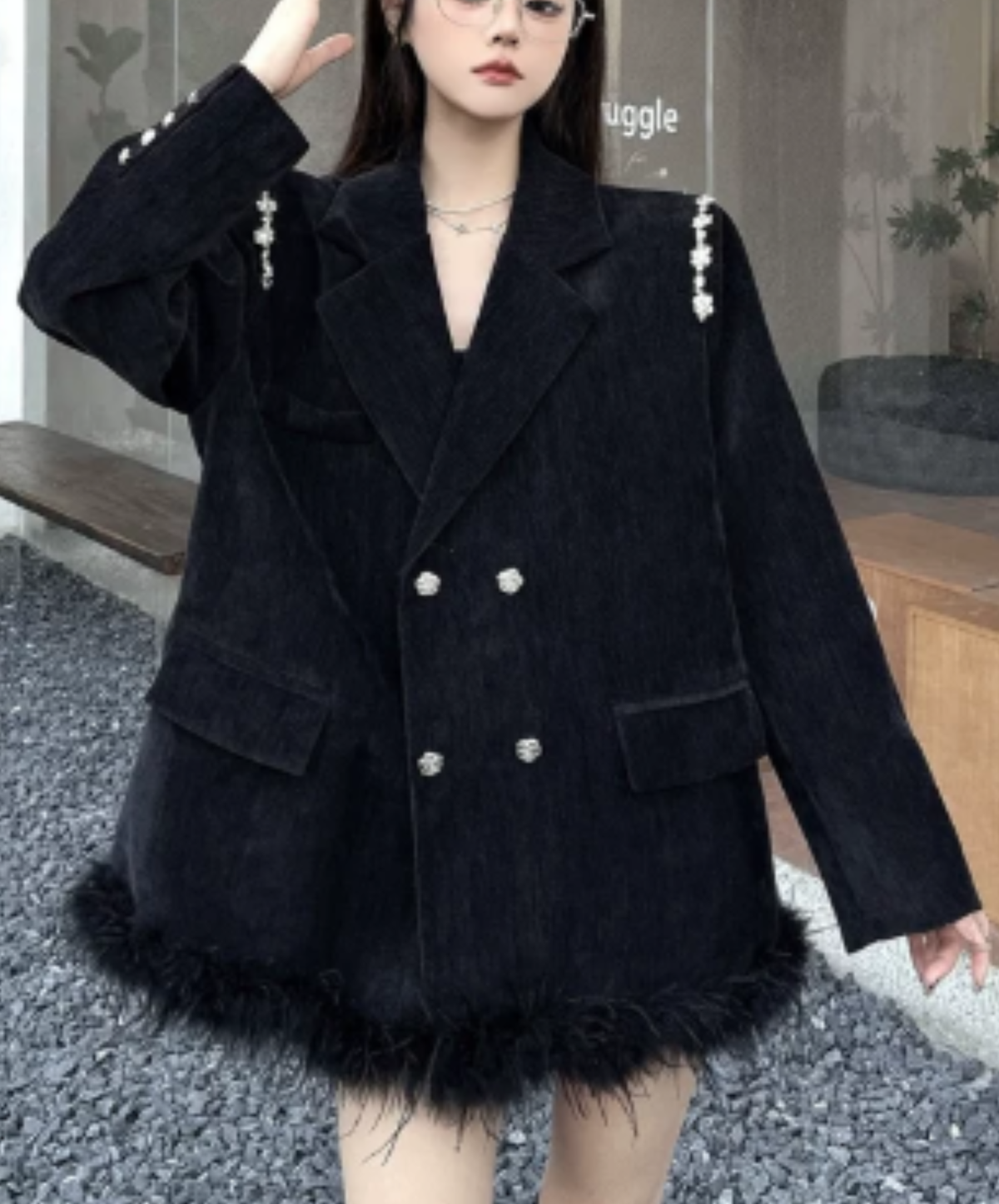 dark fur hem with floral lace embellishment jacket EN3191