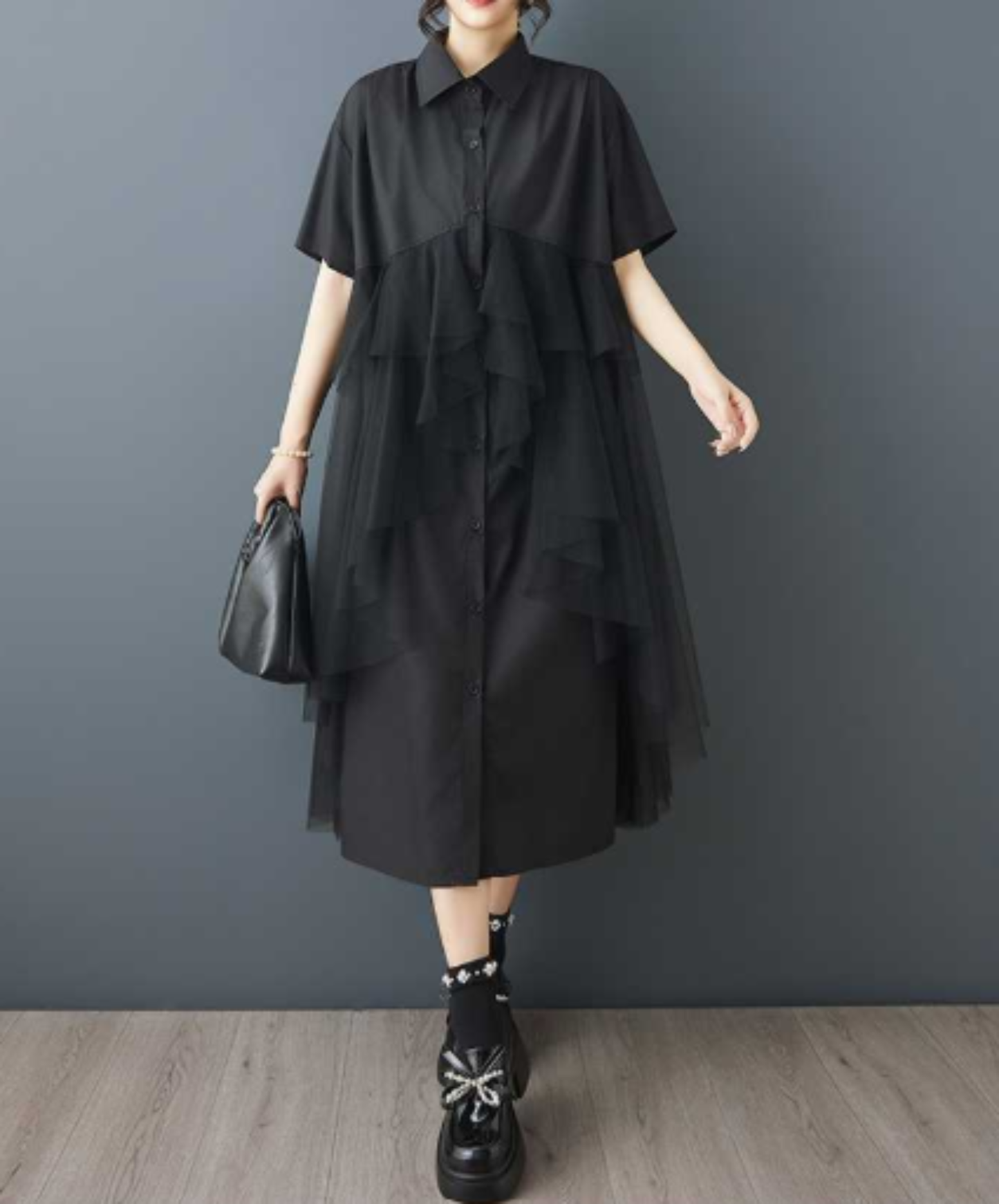 dark mesh patchwork long shirt EN3054