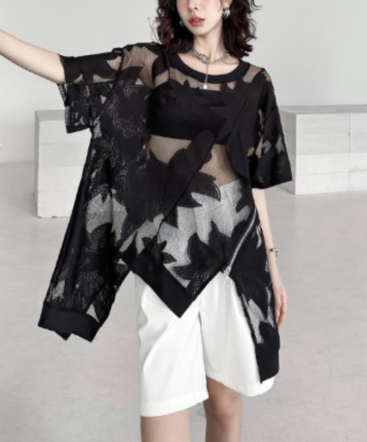 dark heavy jacquard asymmetrical t-shirt EN2984