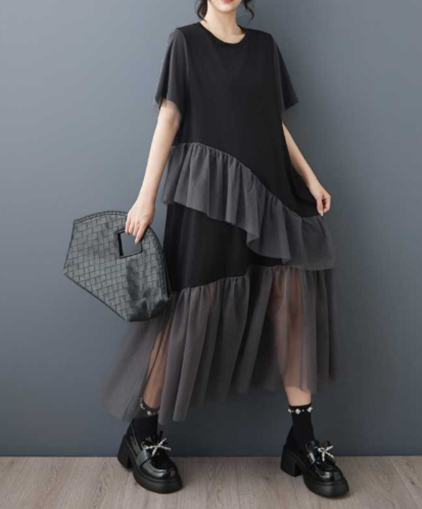 asymmetrical mesh patchwork design t-shirt EN3045