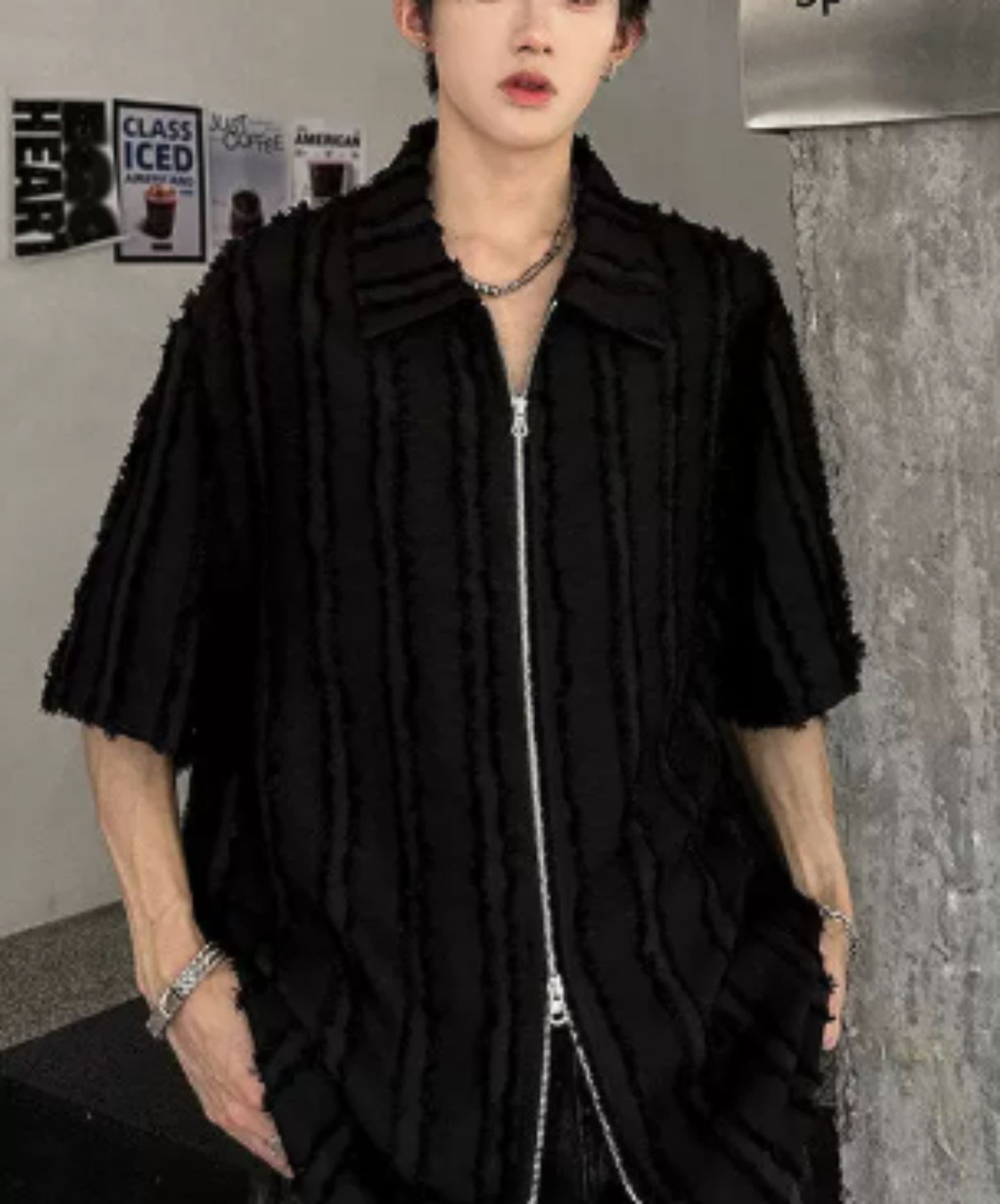 frayed design double zipper shirt EN2976