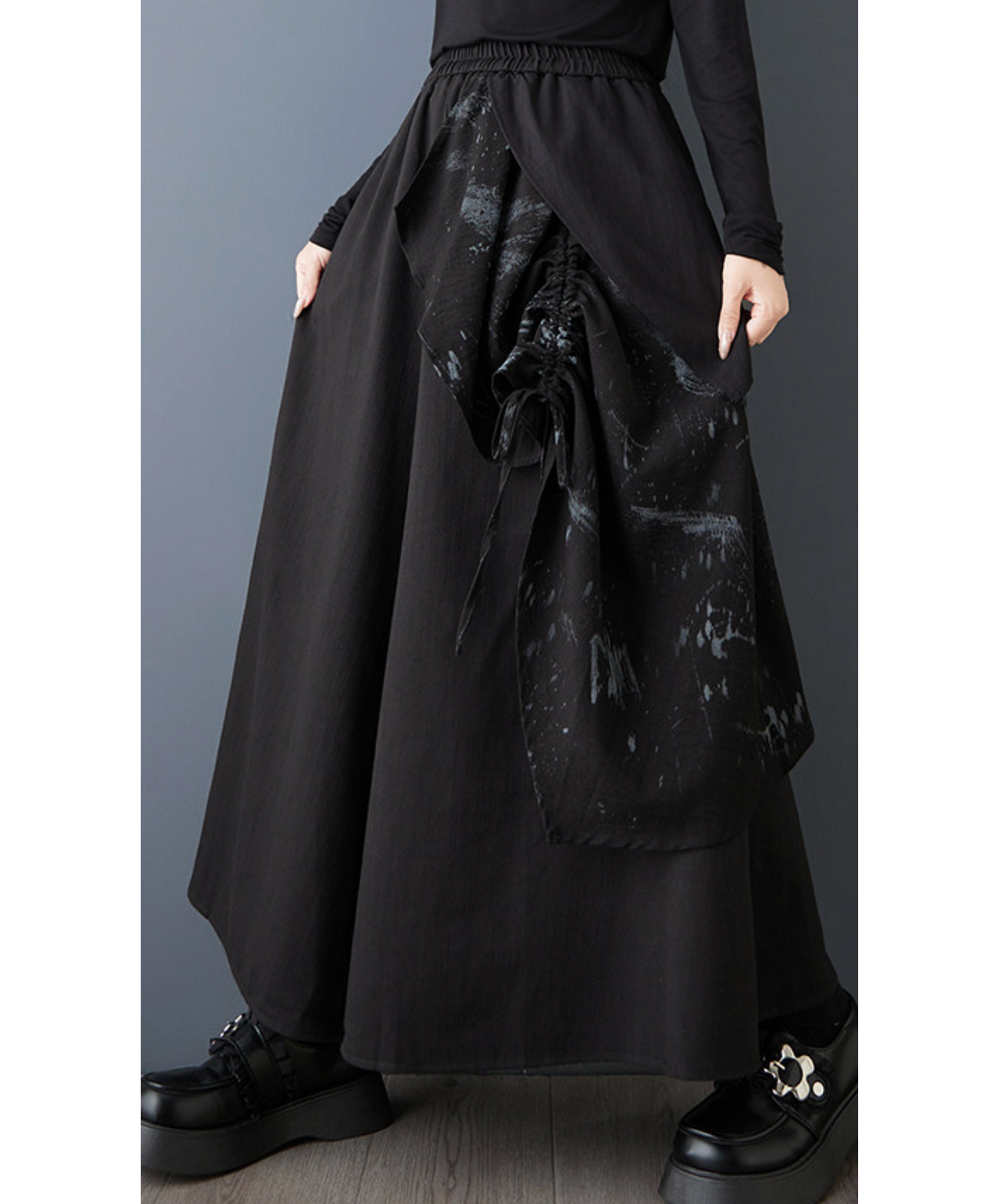 dark printed patchwork asymmetric wide pants EN2735