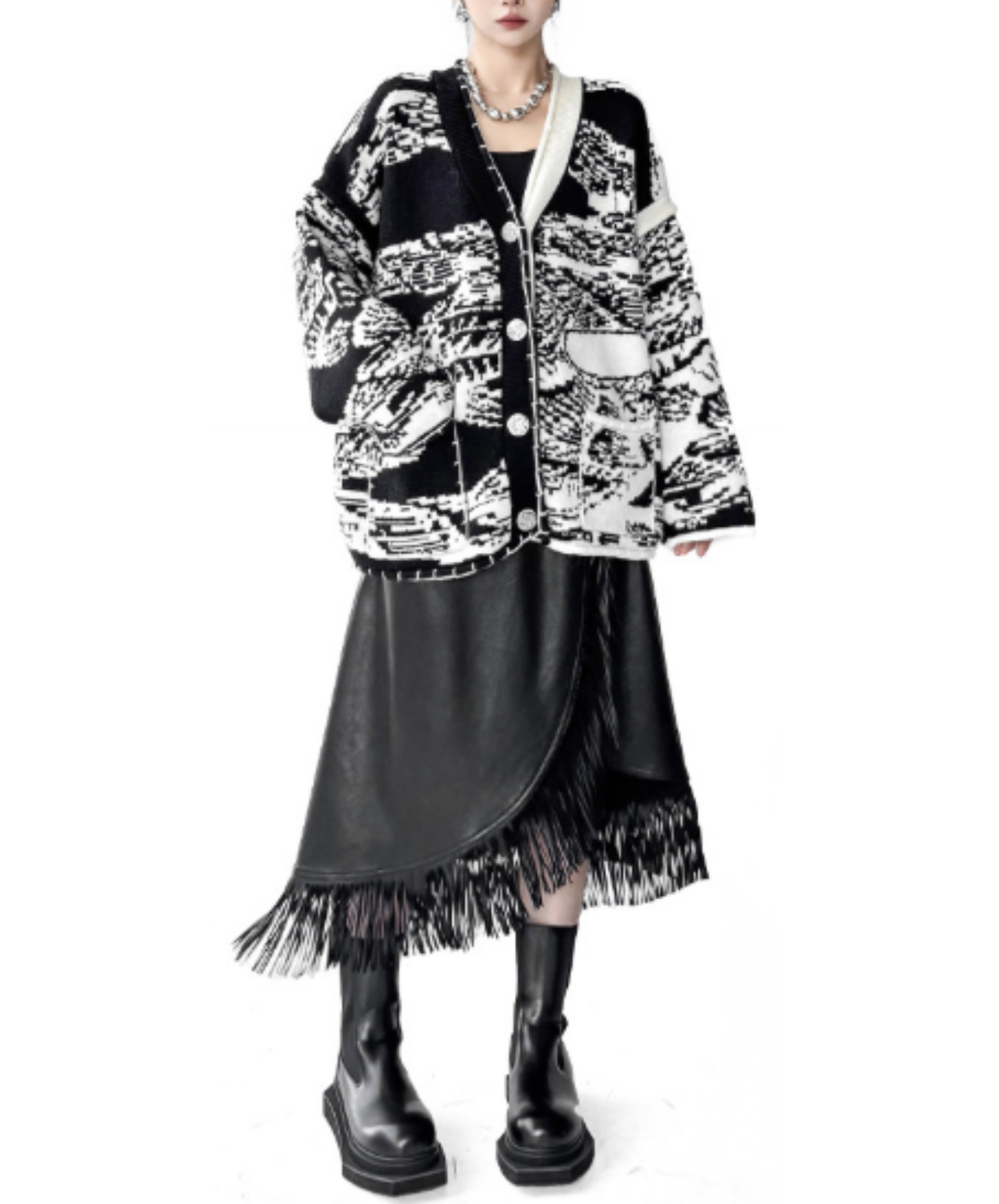 oversized design with spliced paneling cardigan EN3156