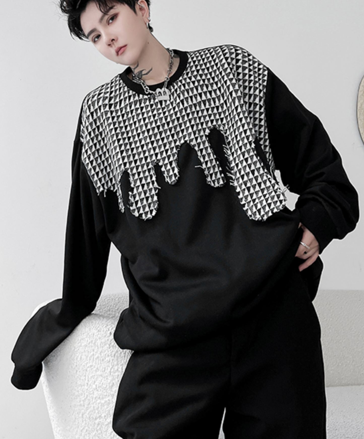 dark splicing plaid raw edge sweater sweatshirts EN1918