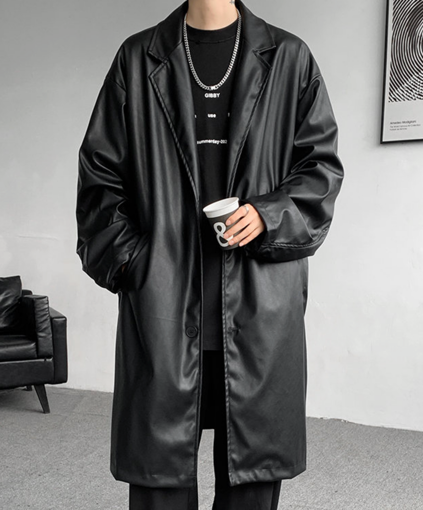 dark retro long pu leather coat EN2510