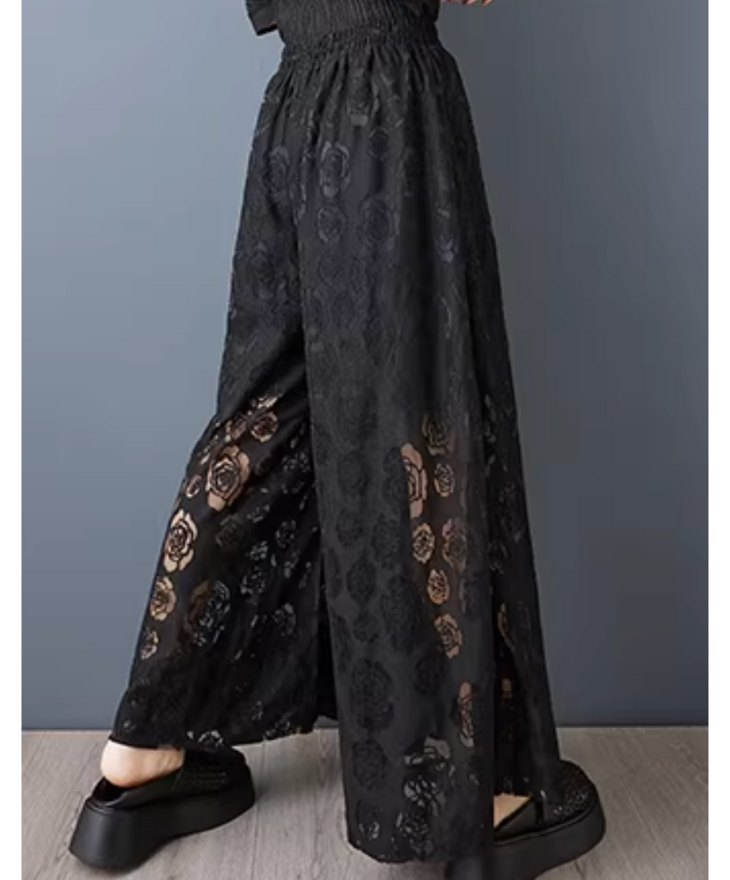 dark rose motif lace design wide pants EN2798