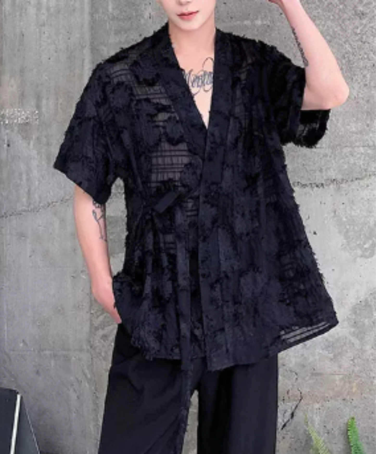 jacquard v-neck sheer shirt EN3020