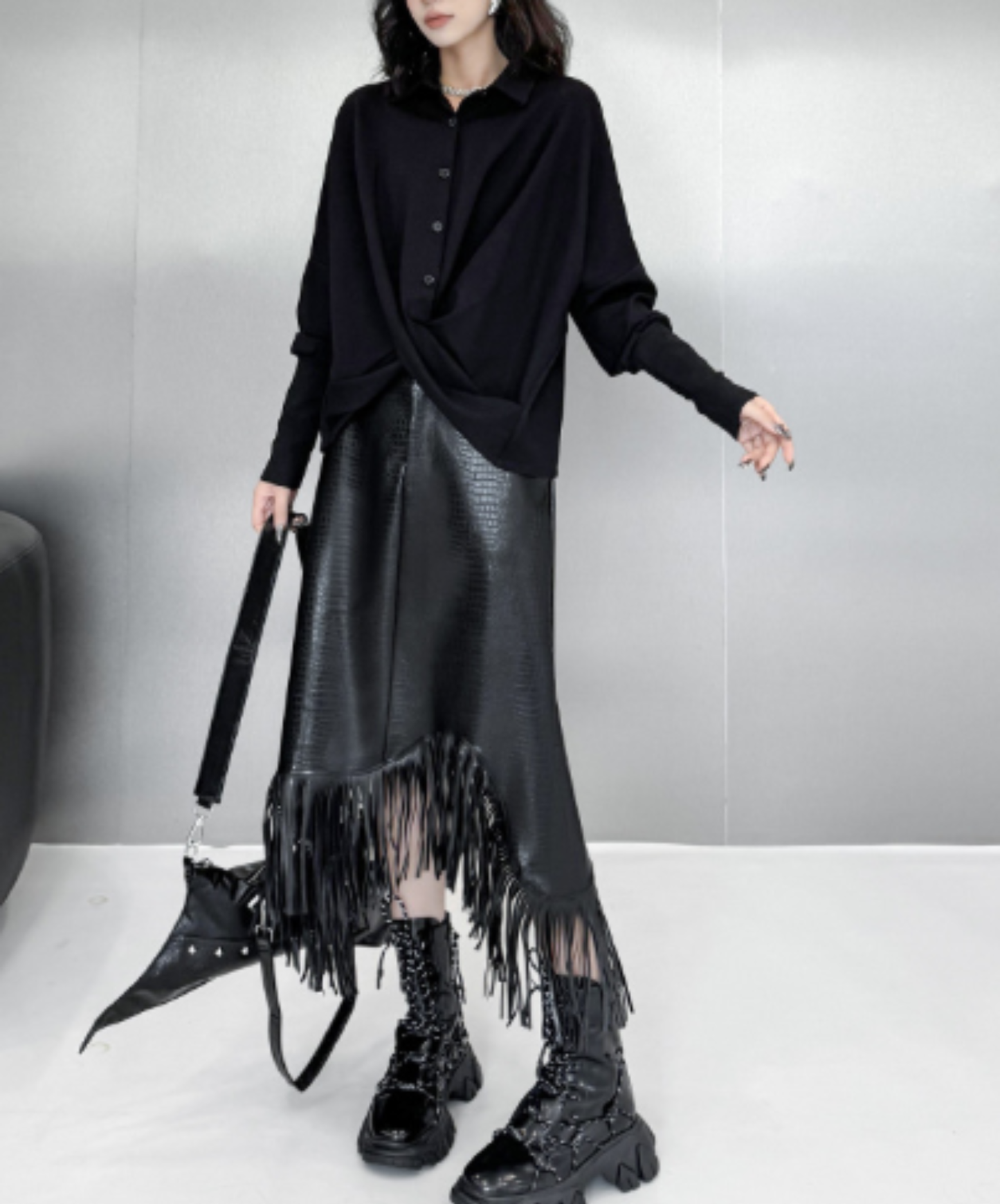 dark crossover-design dolman sleeves shirt EN3131
