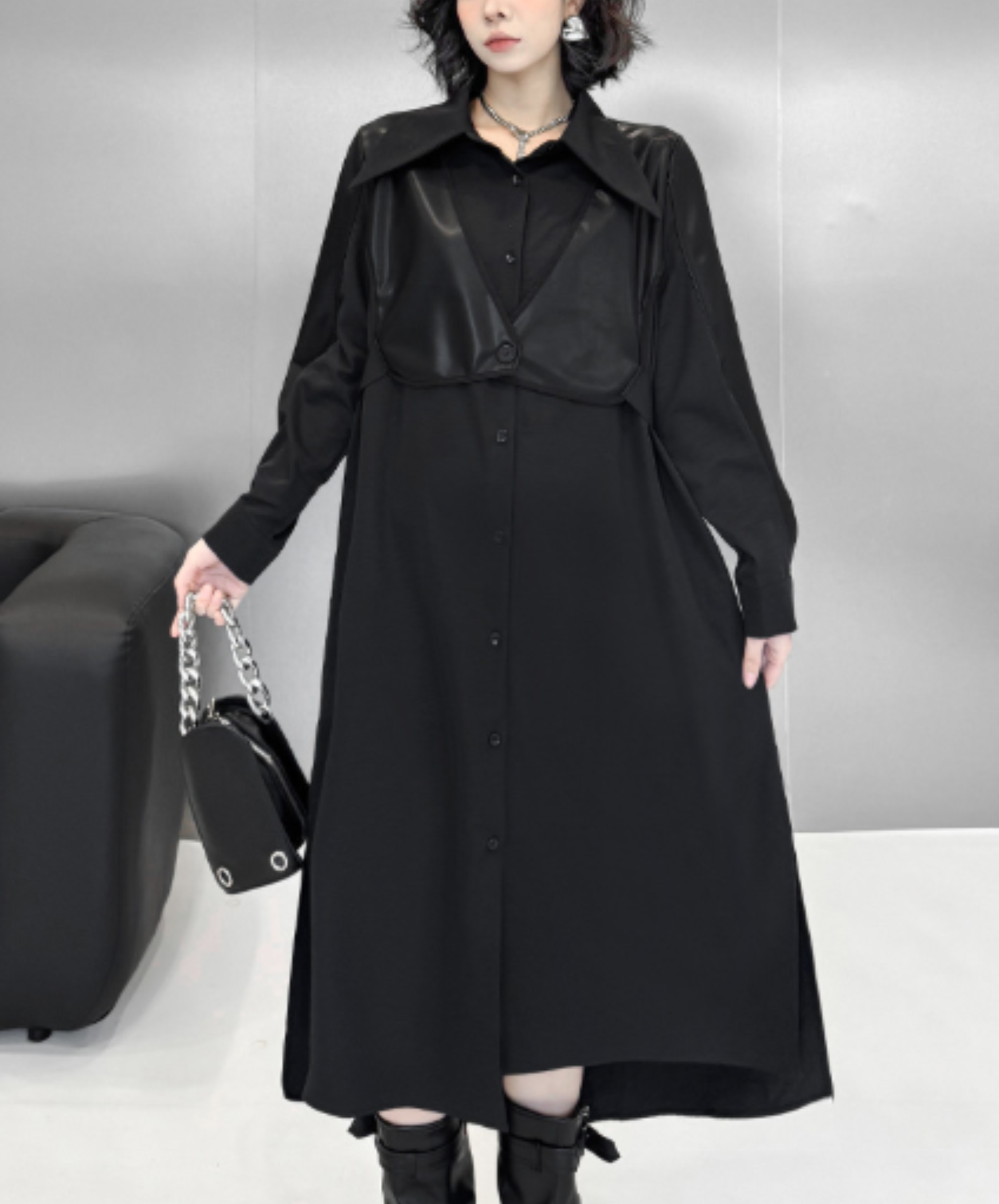 dark fishtail hem with a defined waist long shirt EN3114