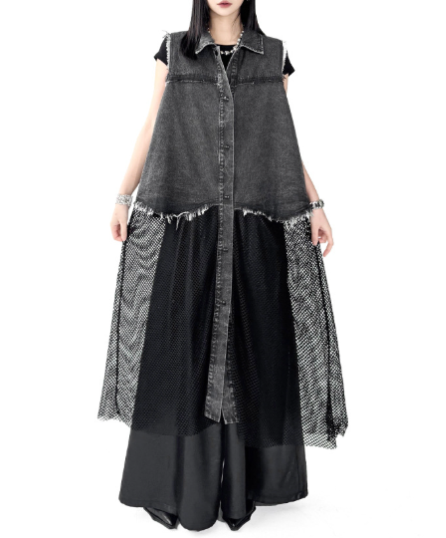 denim patchwork mesh long shirt EN3047